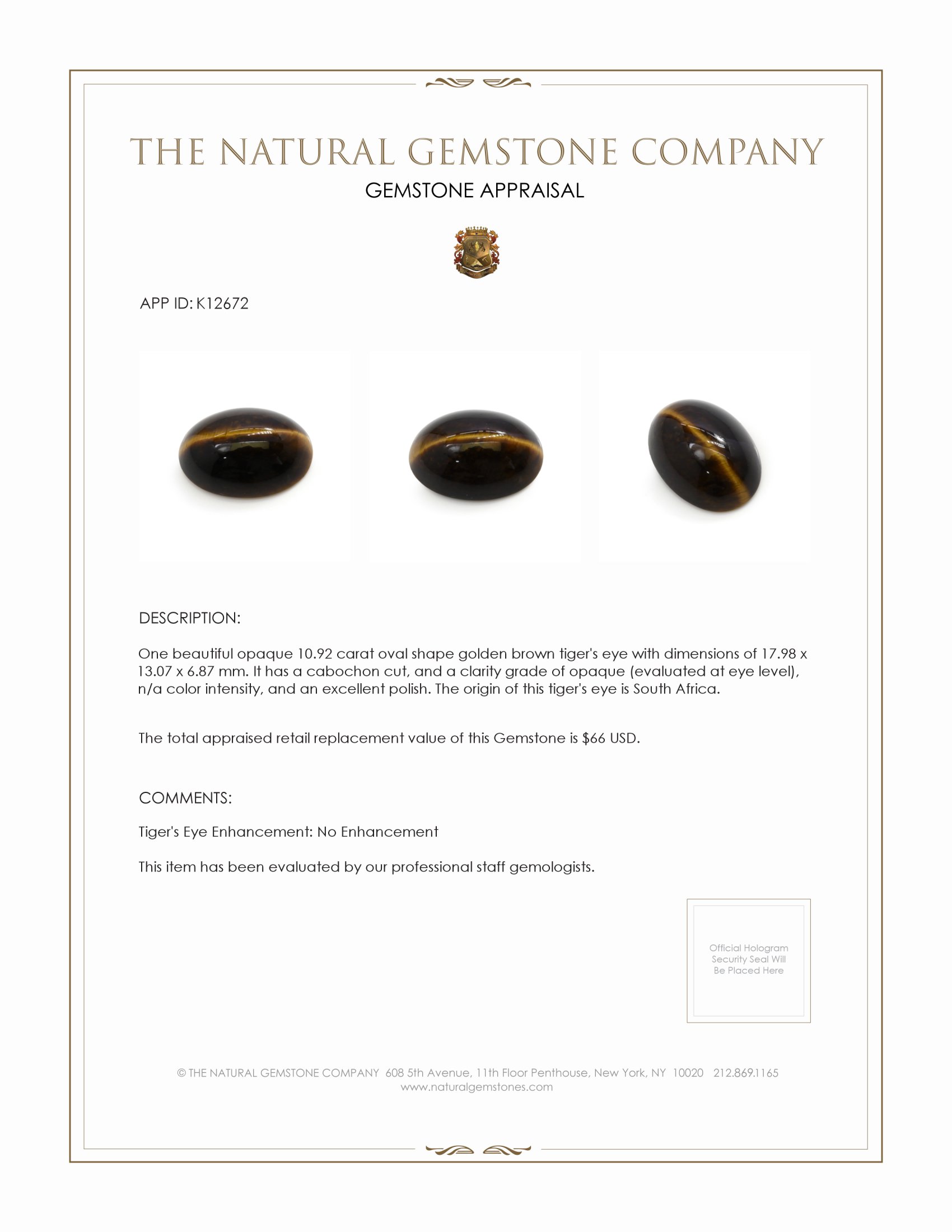 10.92 Ct. Cabochon Tiger's Eye from South Africa