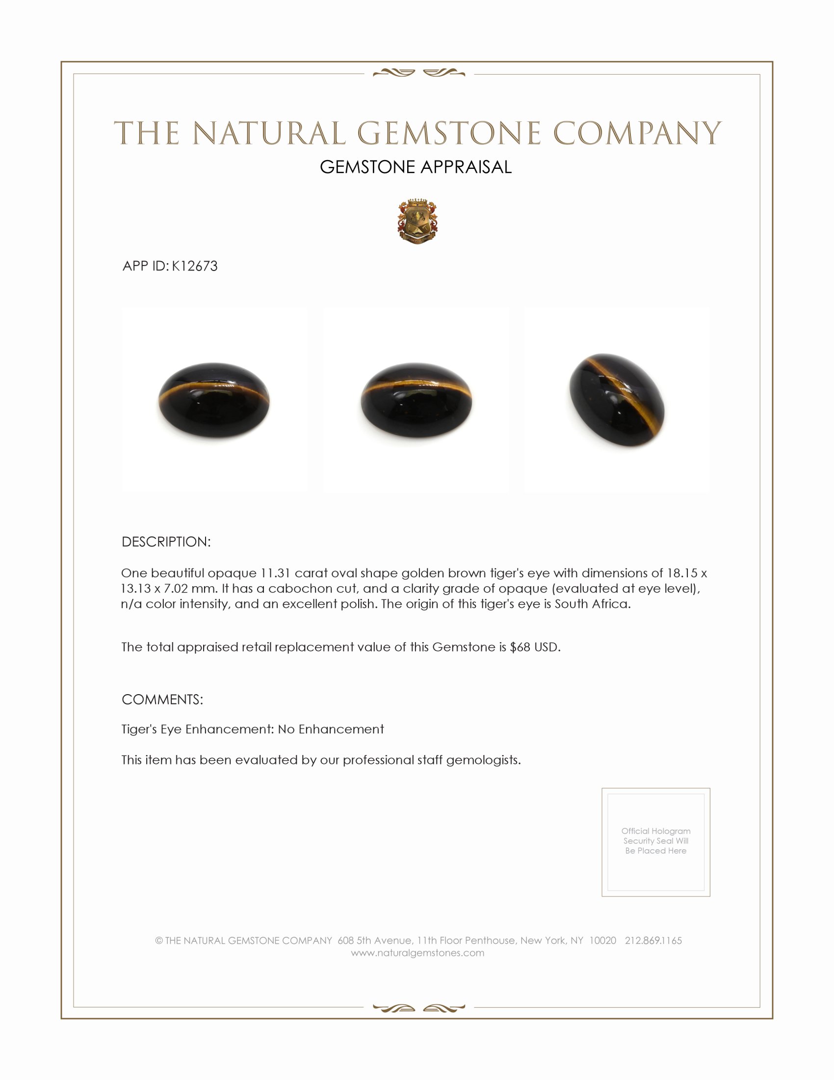 11.31 Ct. Cabochon Tiger's Eye from South Africa