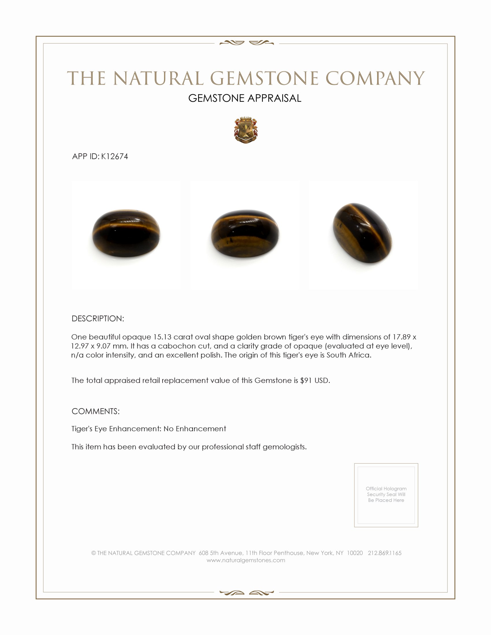 15.13 Ct. Cabochon Tiger's Eye from South Africa