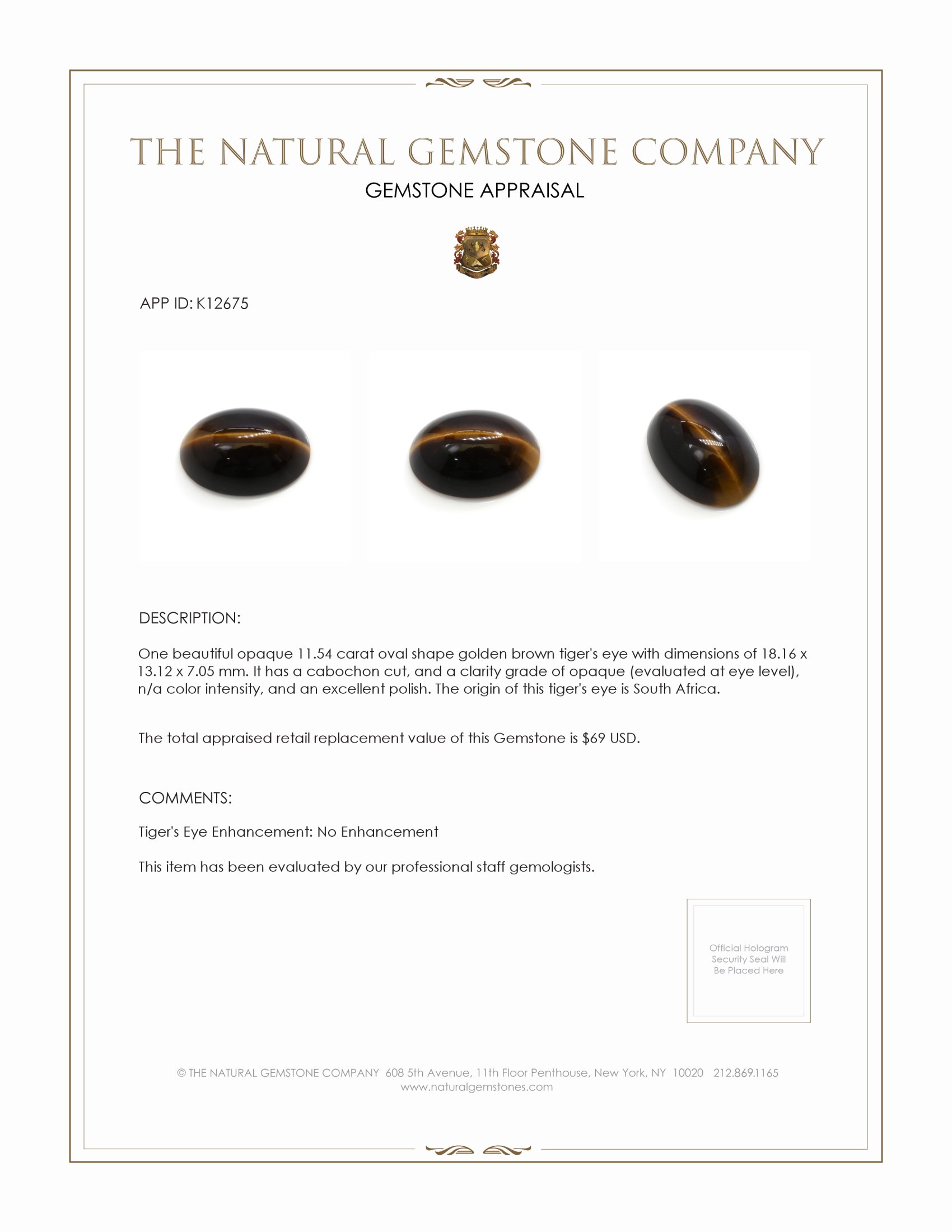 11.54 Ct. Cabochon Tiger's Eye from South Africa