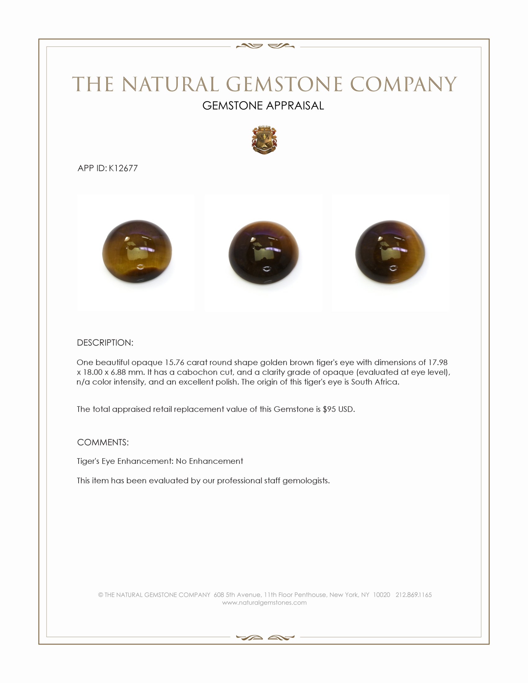 15.76 Ct. Cabochon Tiger's Eye from South Africa