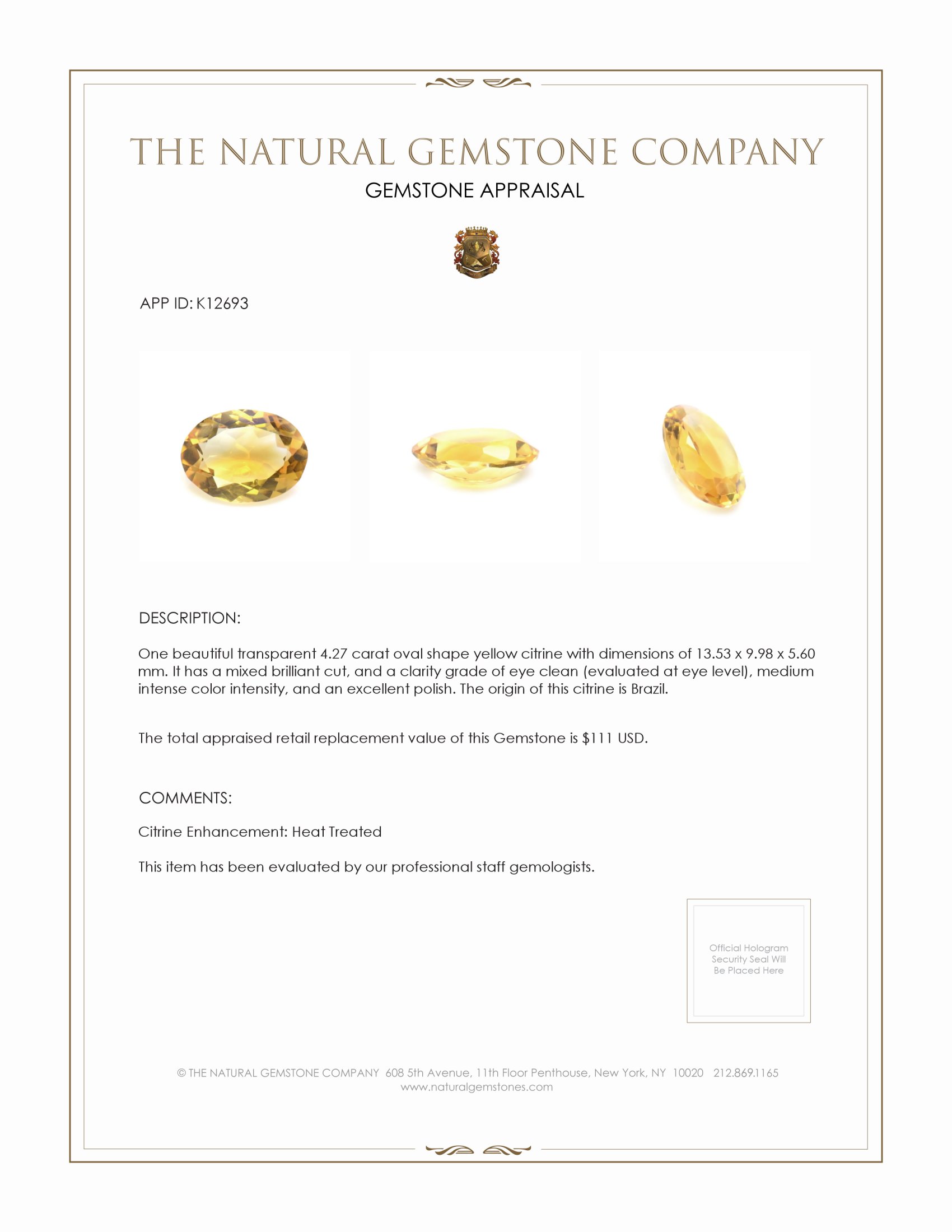4.27 Ct. Citrine from Brazil