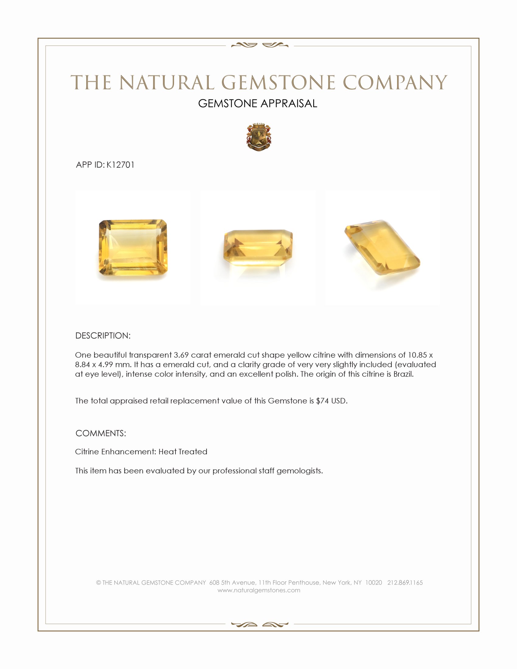 3.69 Ct. Yellow Citrine from Brazil