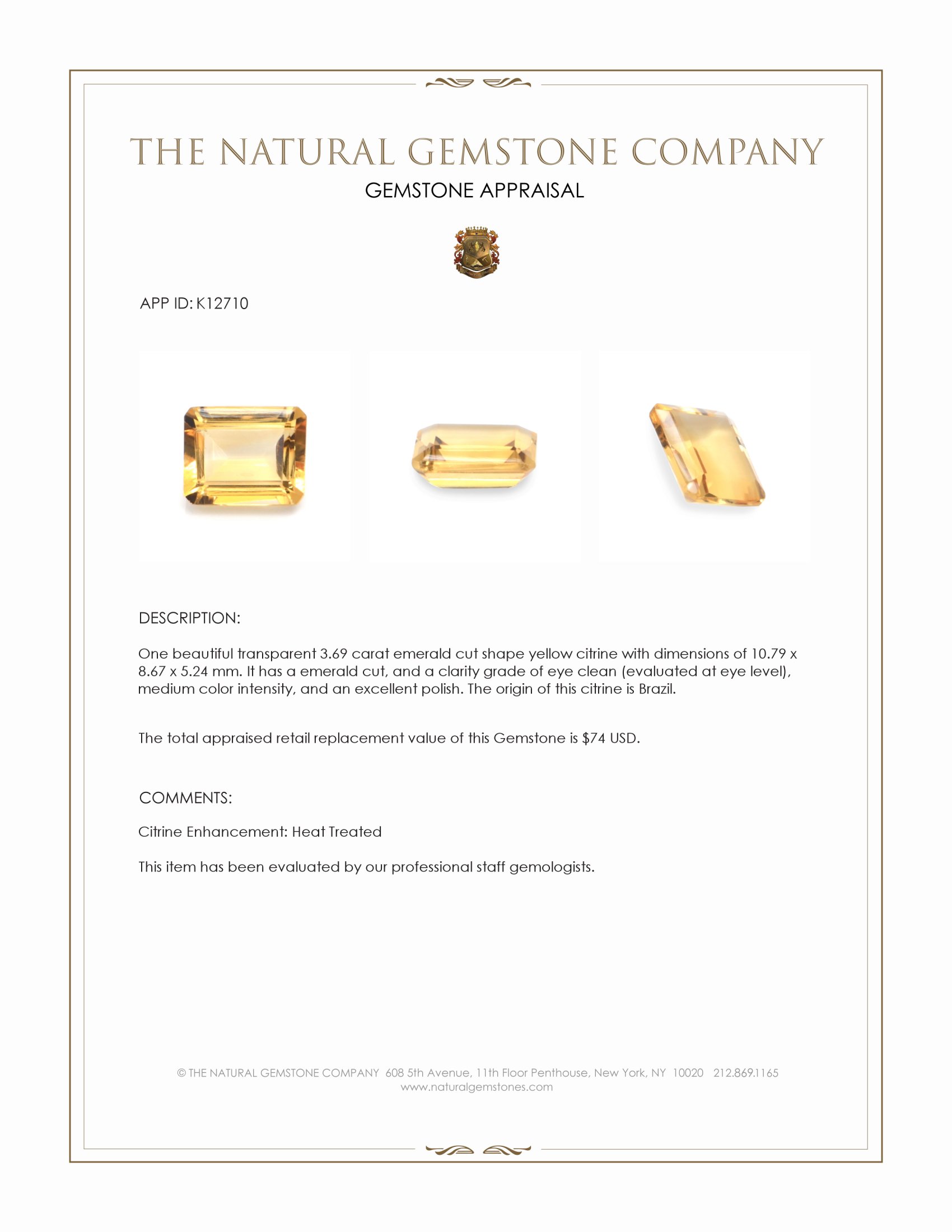 3.69 Ct. Yellow Citrine from Brazil