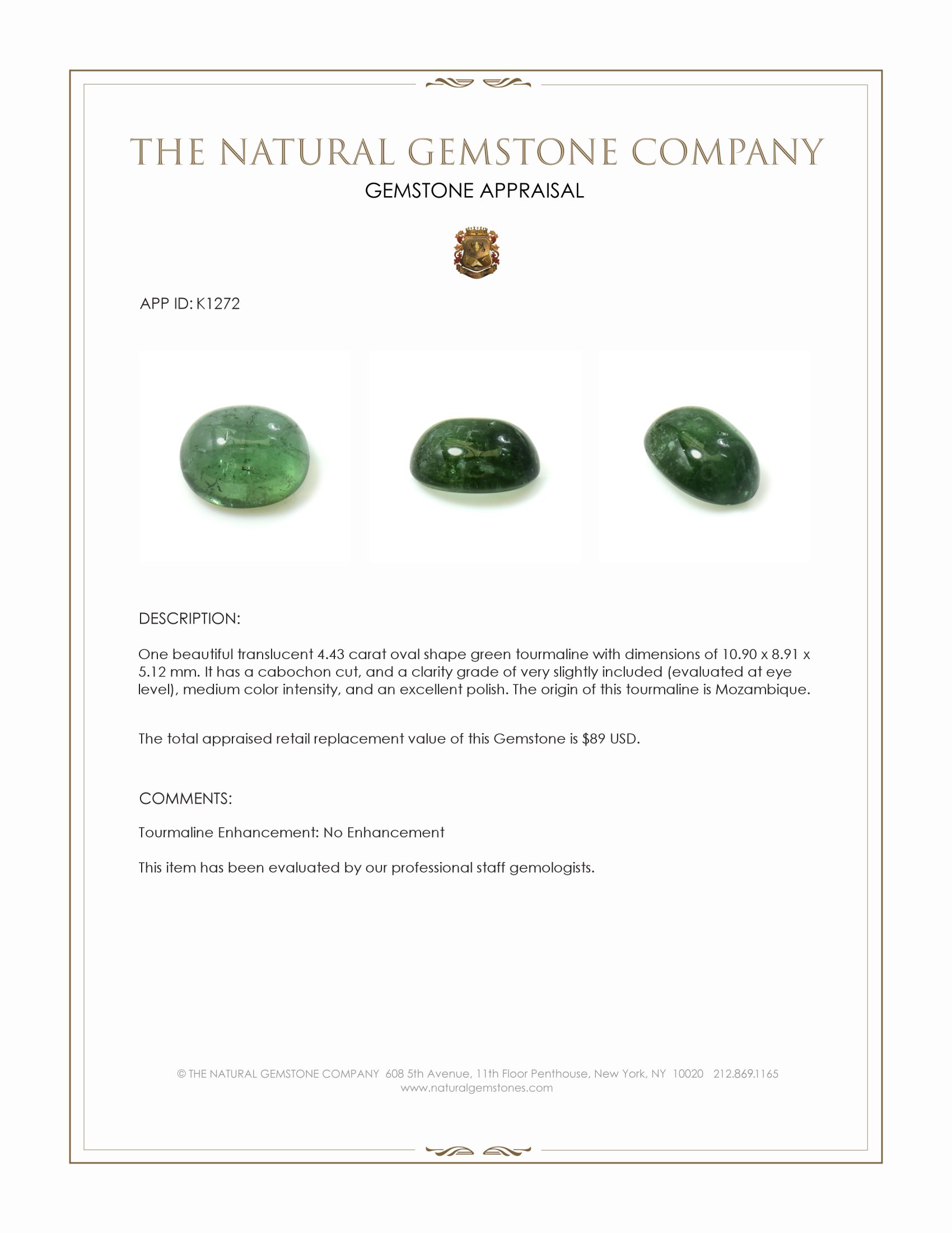 4.43 Ct. Green Cabochon Tourmaline from Mozambique