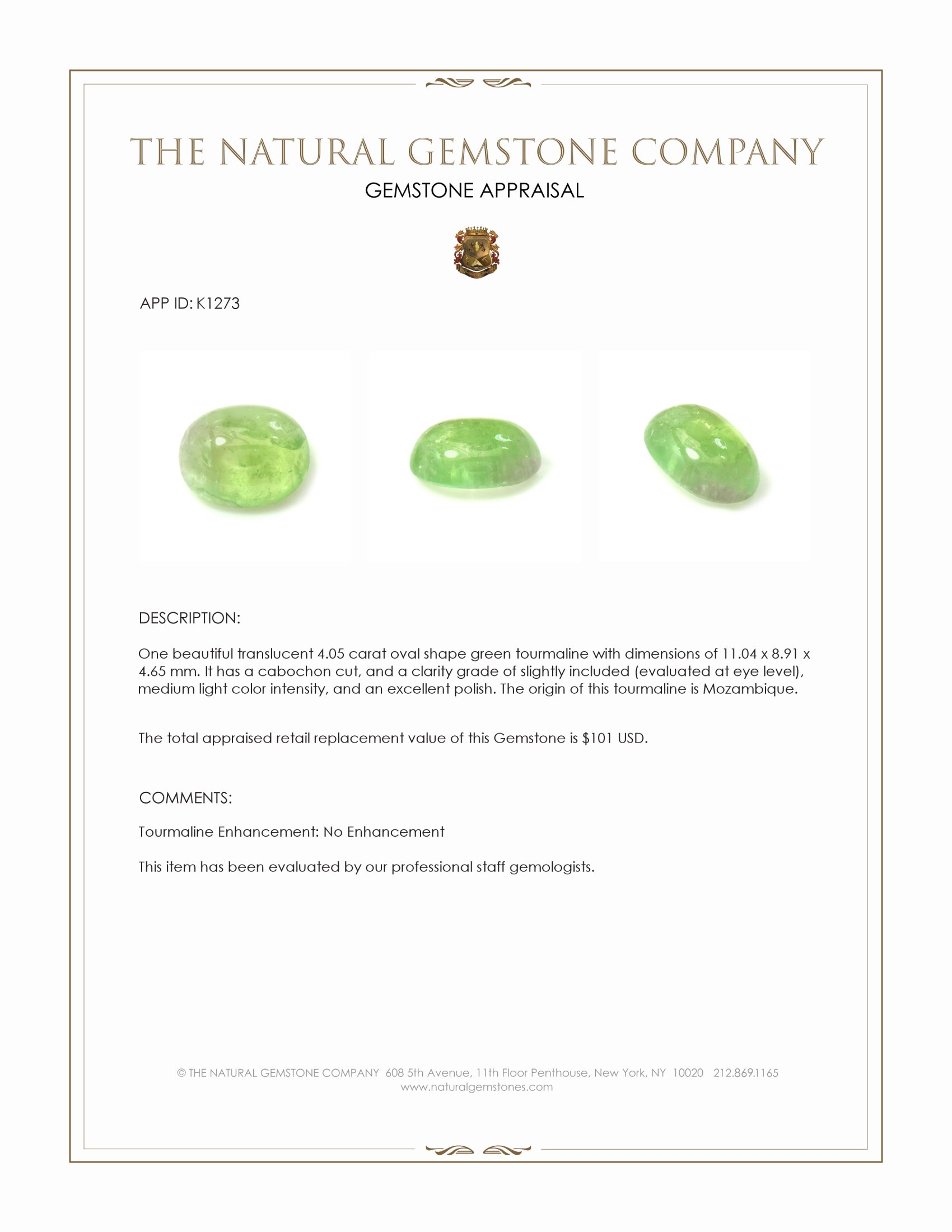 4.05 Ct. Green Cabochon Tourmaline from Mozambique