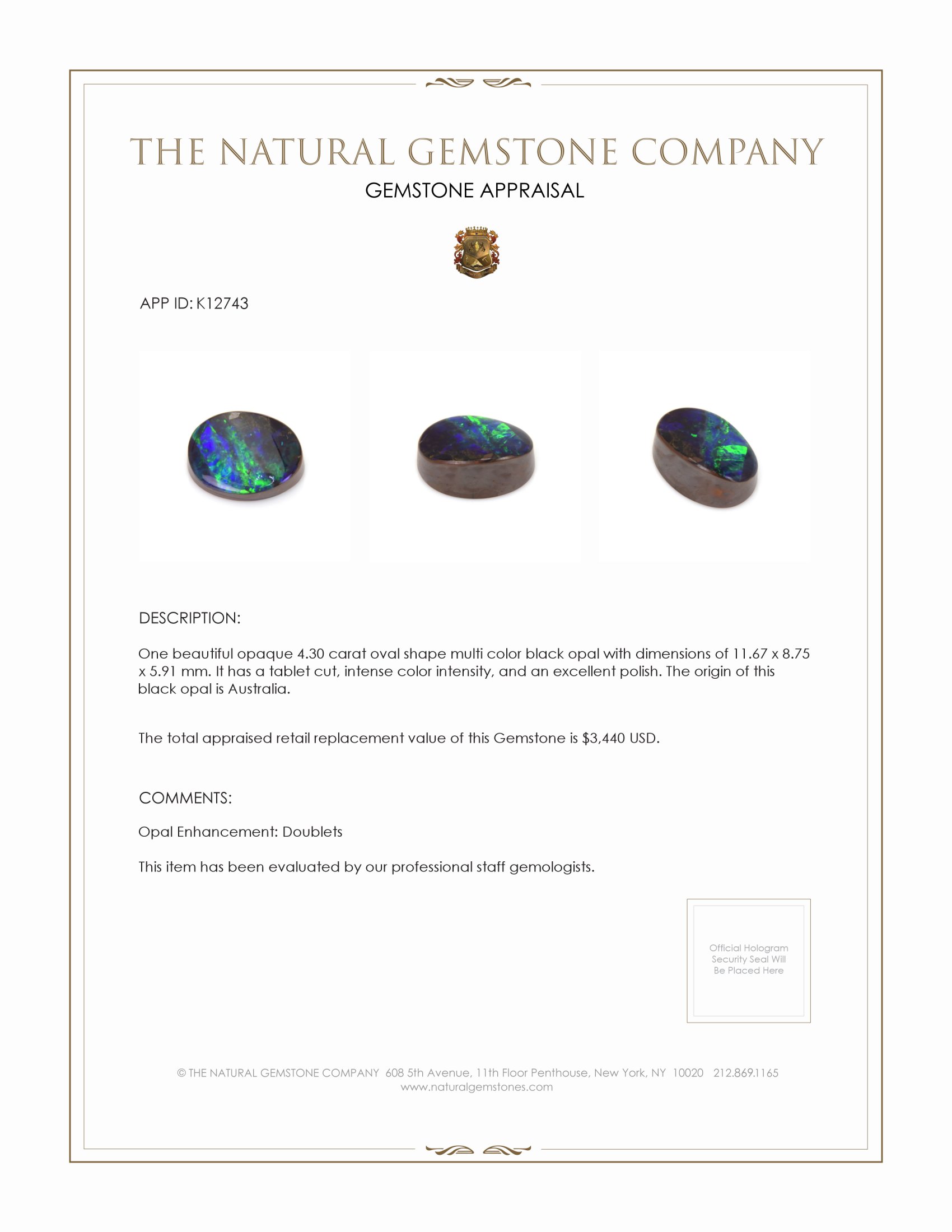 4.30 Ct. Black Opal from Australia