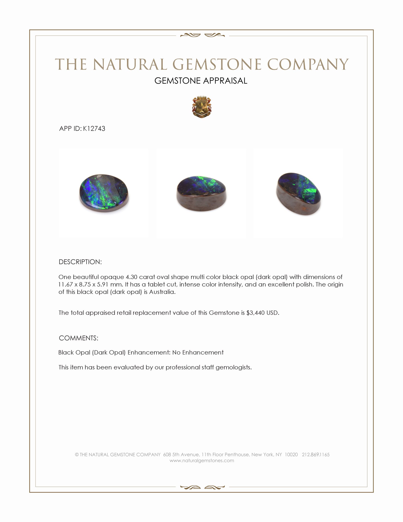 4.30 Ct. Multi Color Black Opal (Dark Opal) from Australia