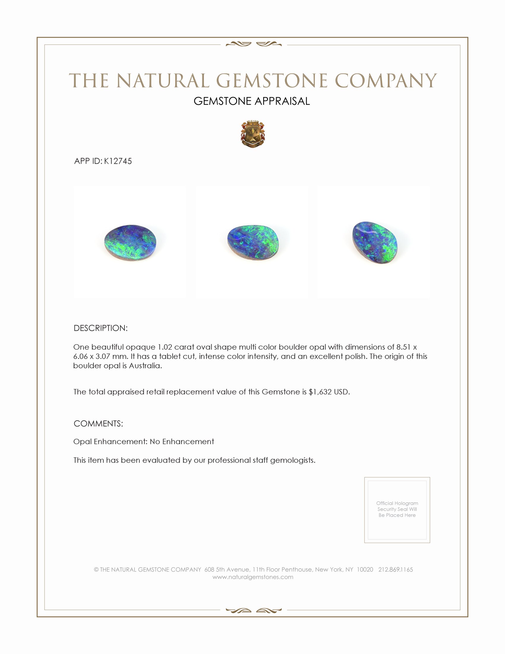 1.02 Ct. Boulder Opal from Australia