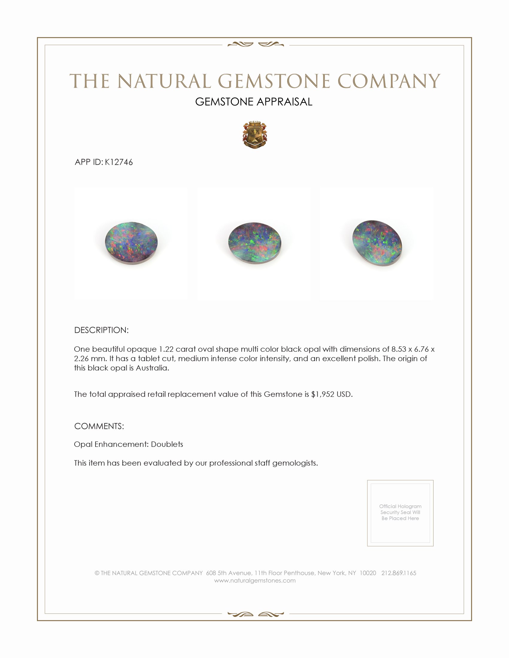 1.22 Ct. Multi Color Black Opal (Dark Opal) from Australia
