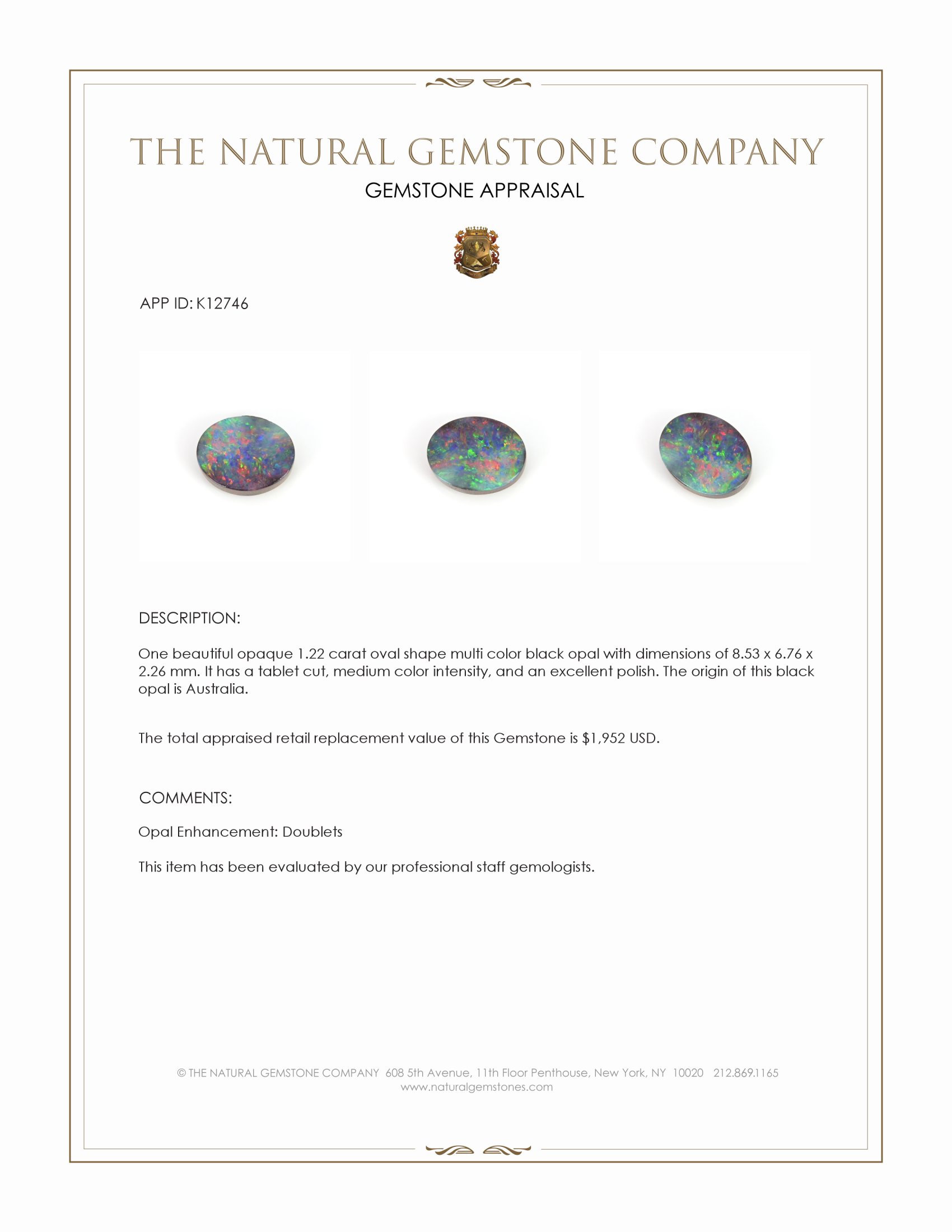 1.22 Ct. Multi Color Black Opal from Australia