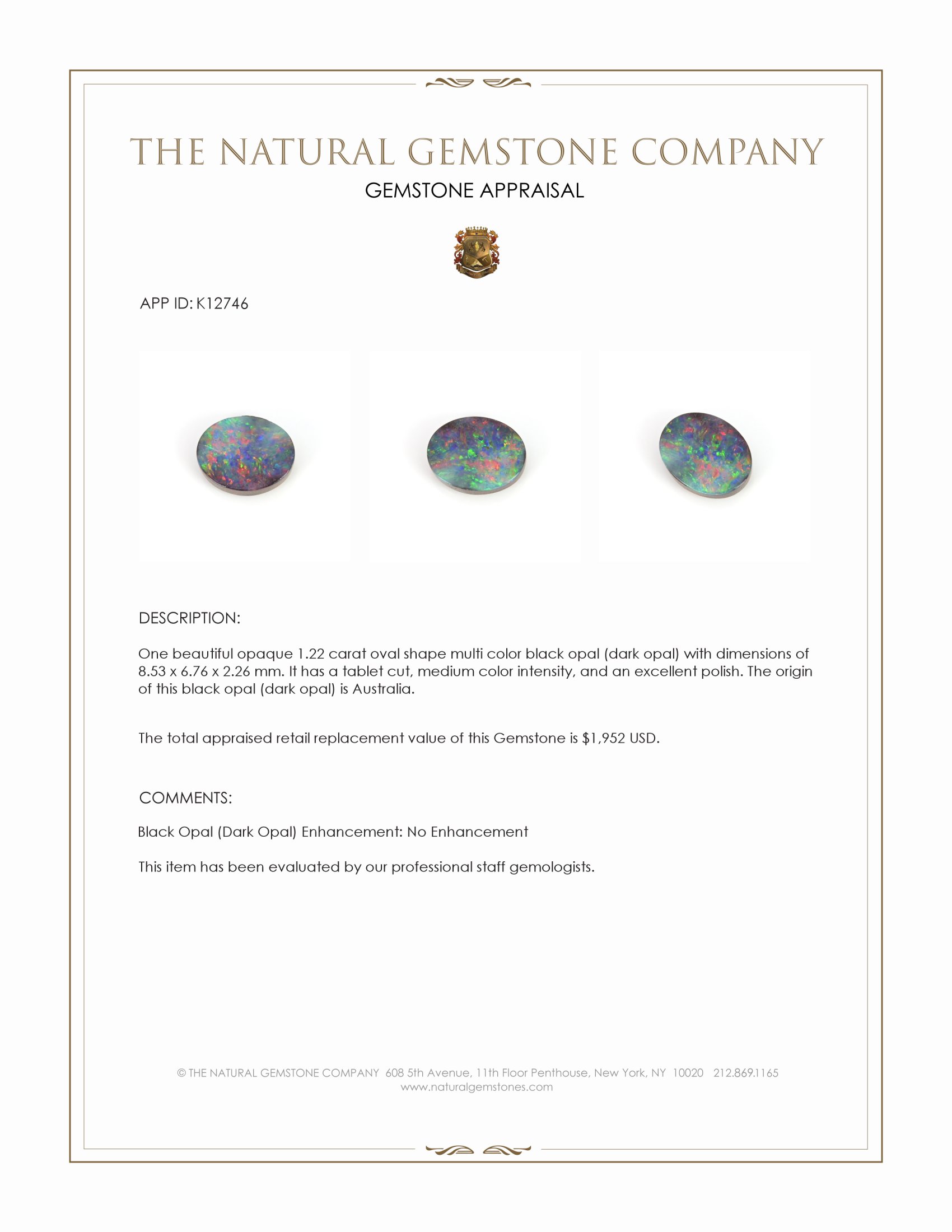 1.22 Ct. Multi Color Black Opal (Dark Opal) from Australia