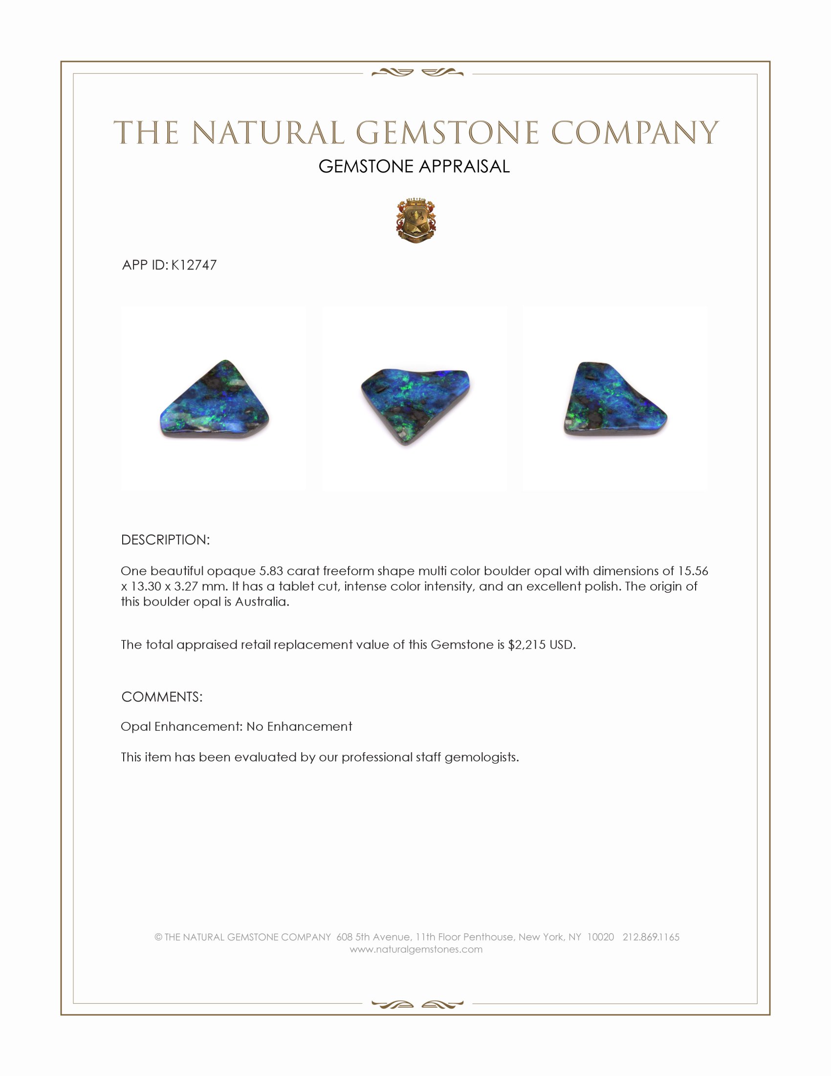 5.83 Ct. Multi Color Boulder Opal (Ironstone Opal) from Australia