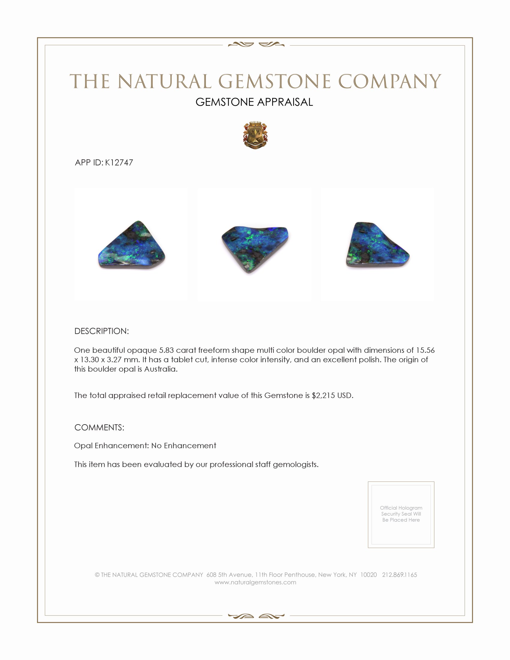 5.83 Ct. Boulder Opal from Australia