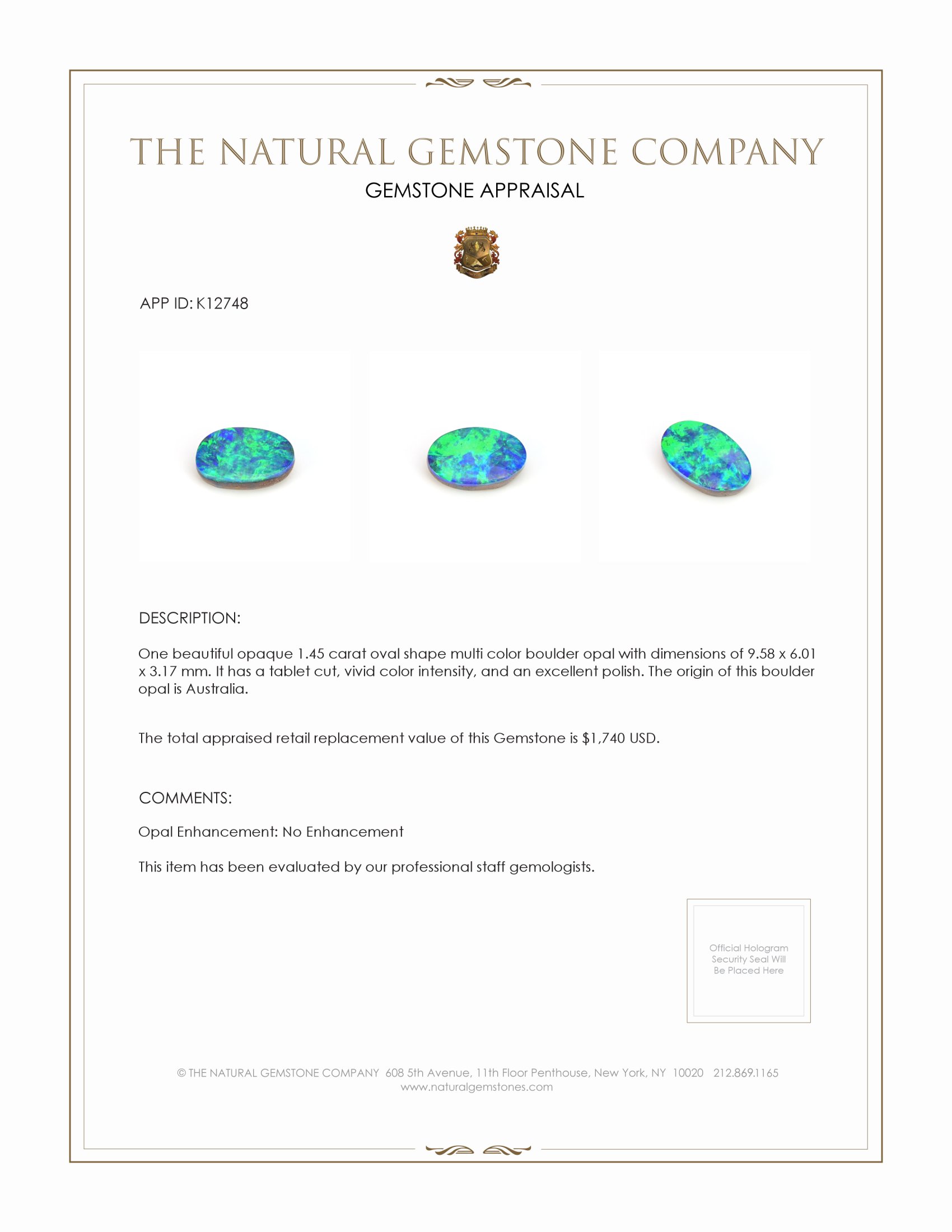 1.45 Ct. Boulder Opal from Australia