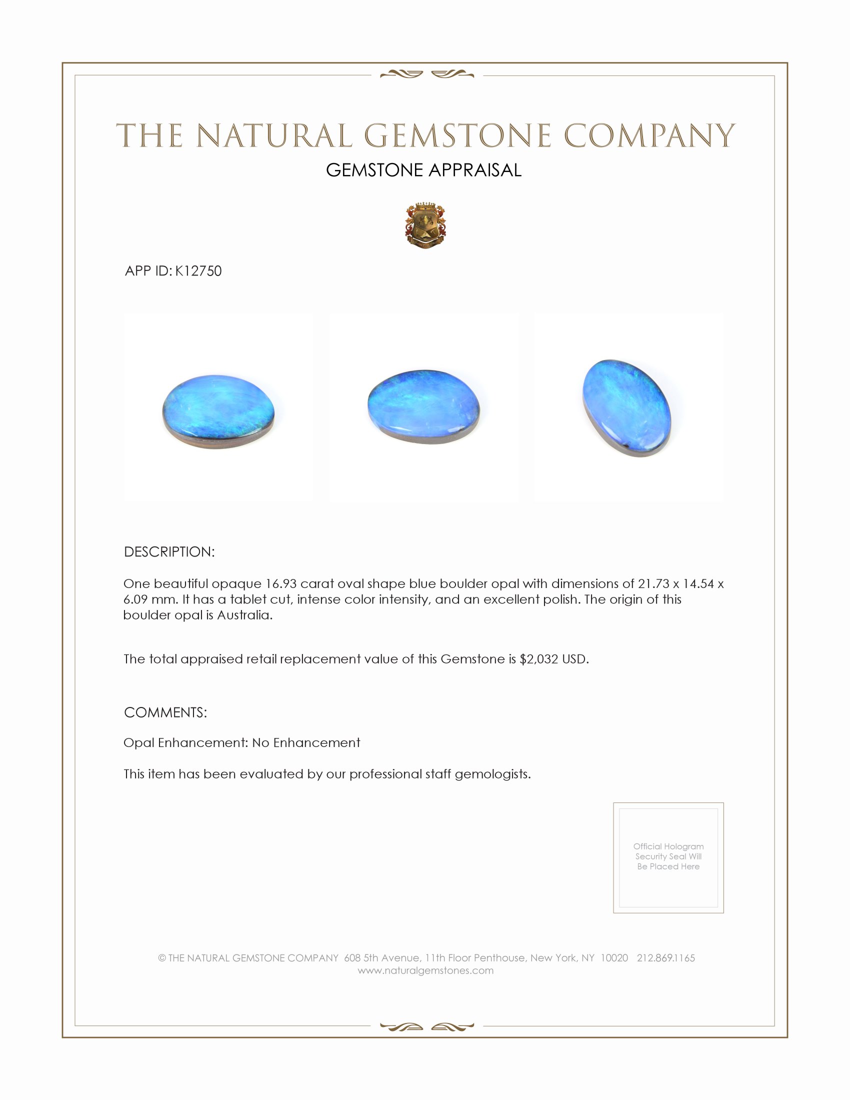 16.93 Ct. Blue Boulder Opal from Australia