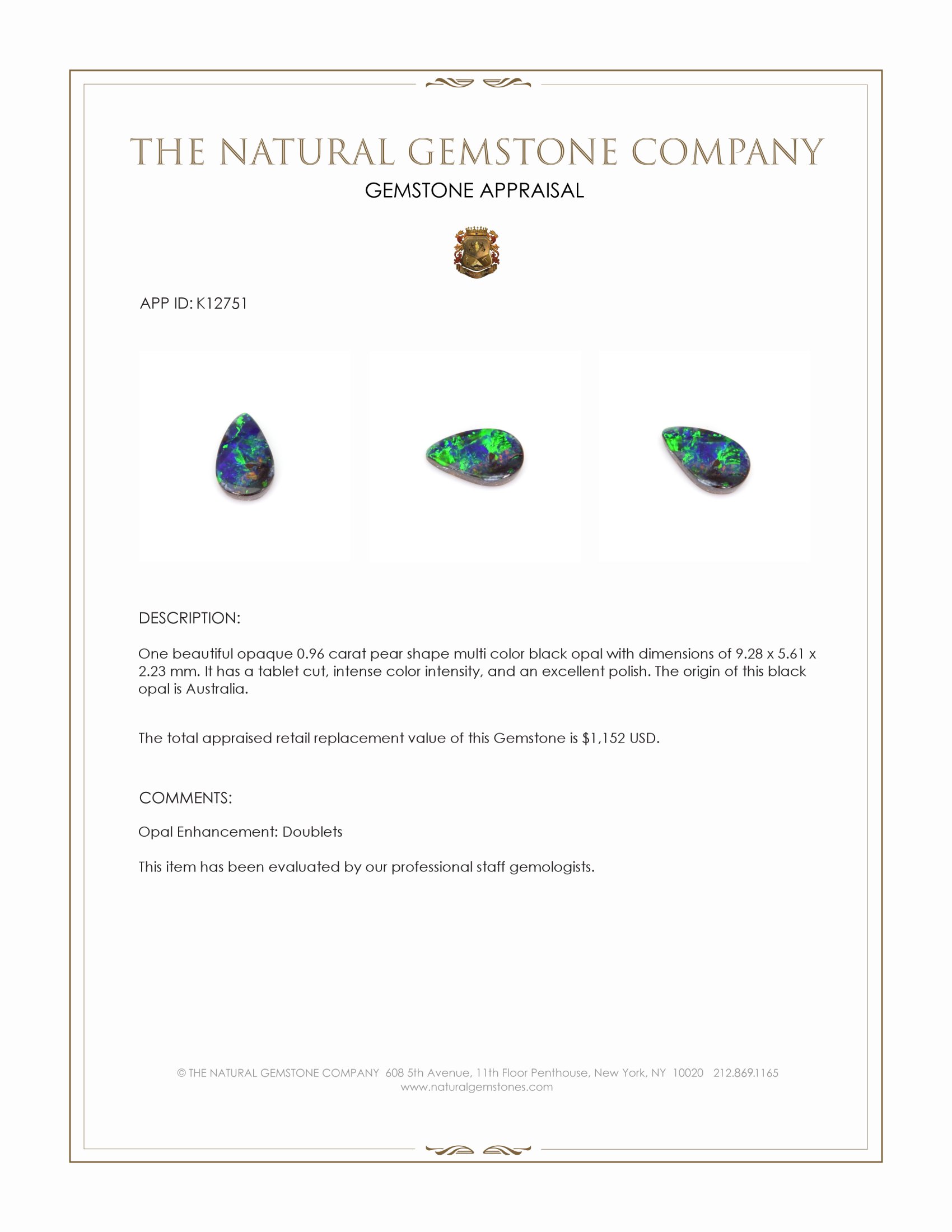 0.96 Ct. Multi Color Black Opal from Australia