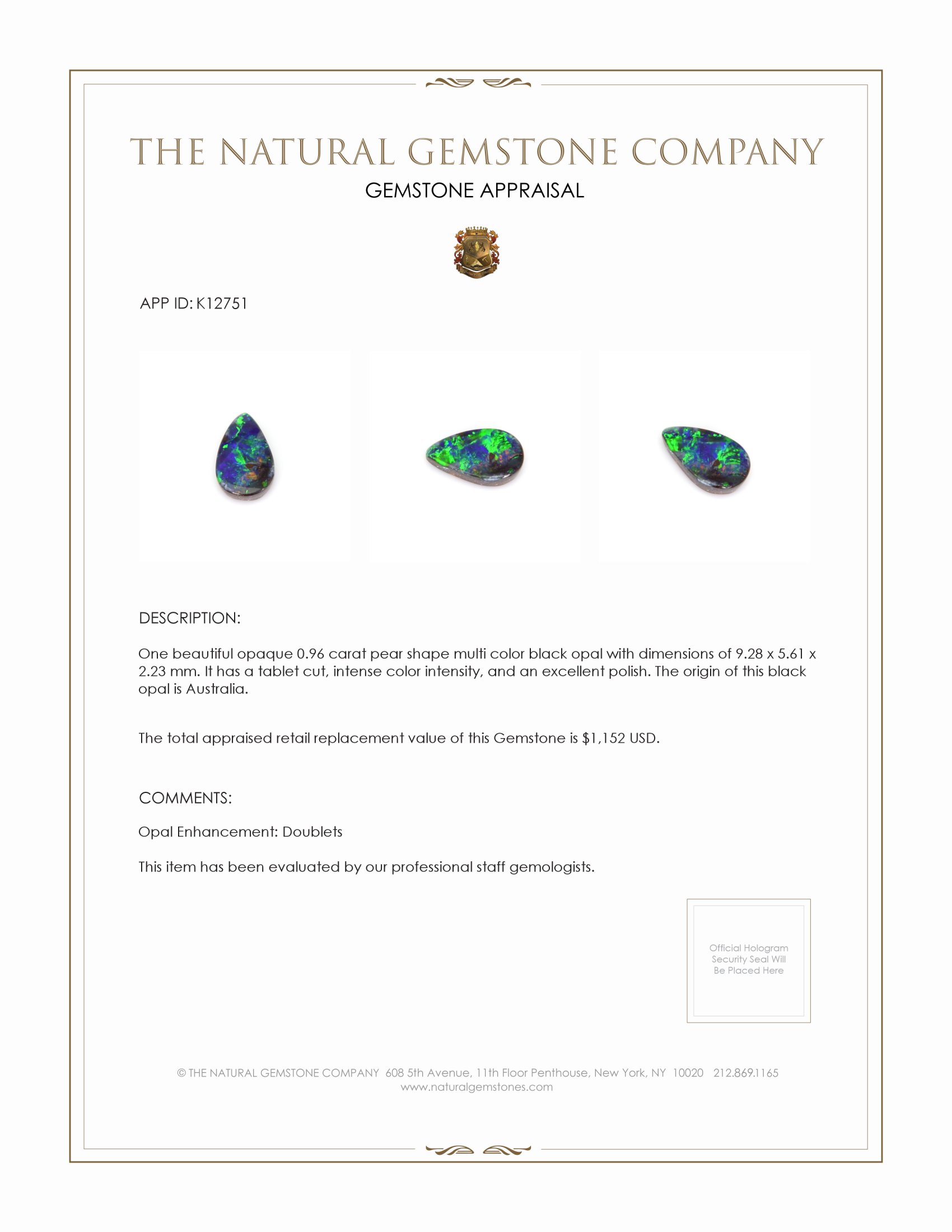 0.96 Ct. Black Opal from Australia