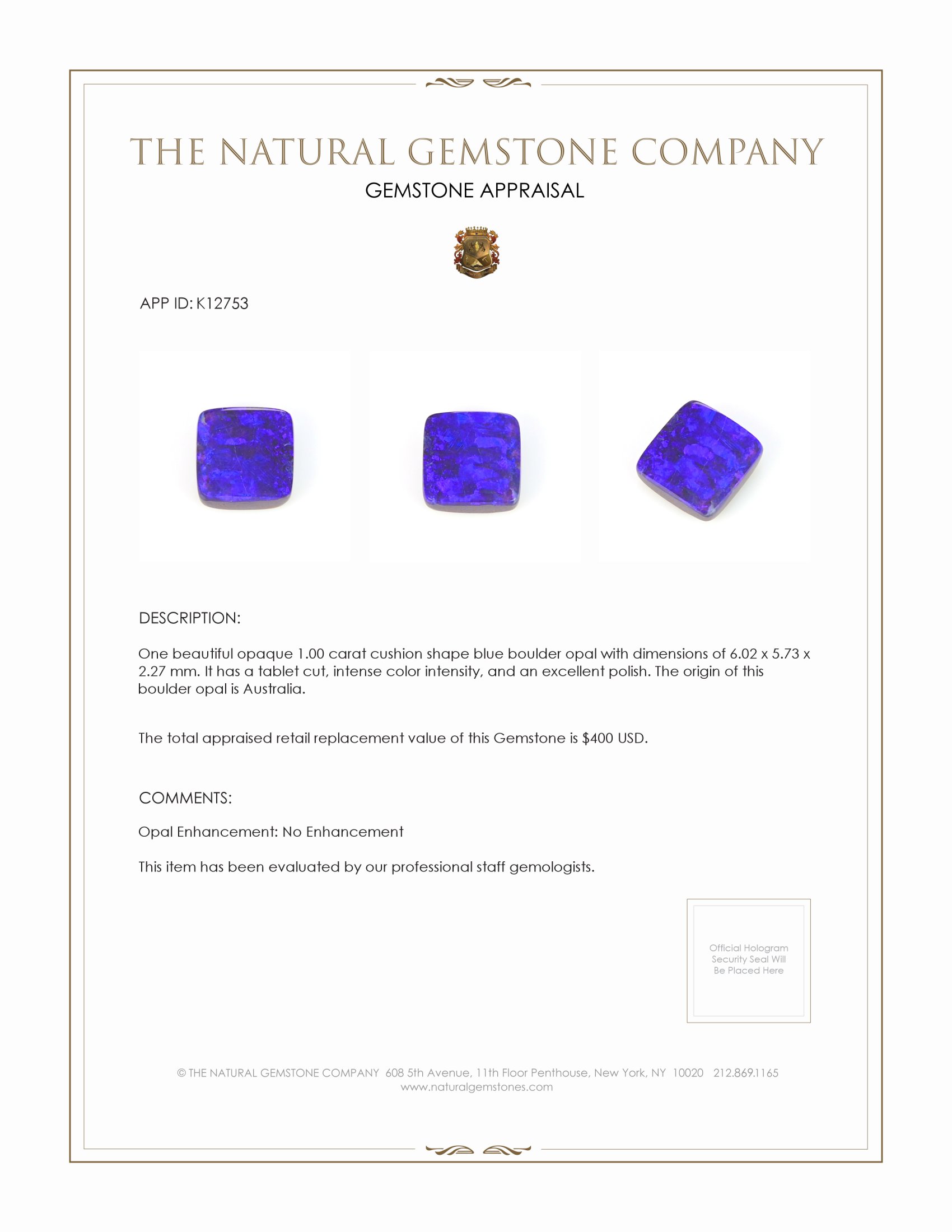 1.00 Ct. Boulder Opal from Australia