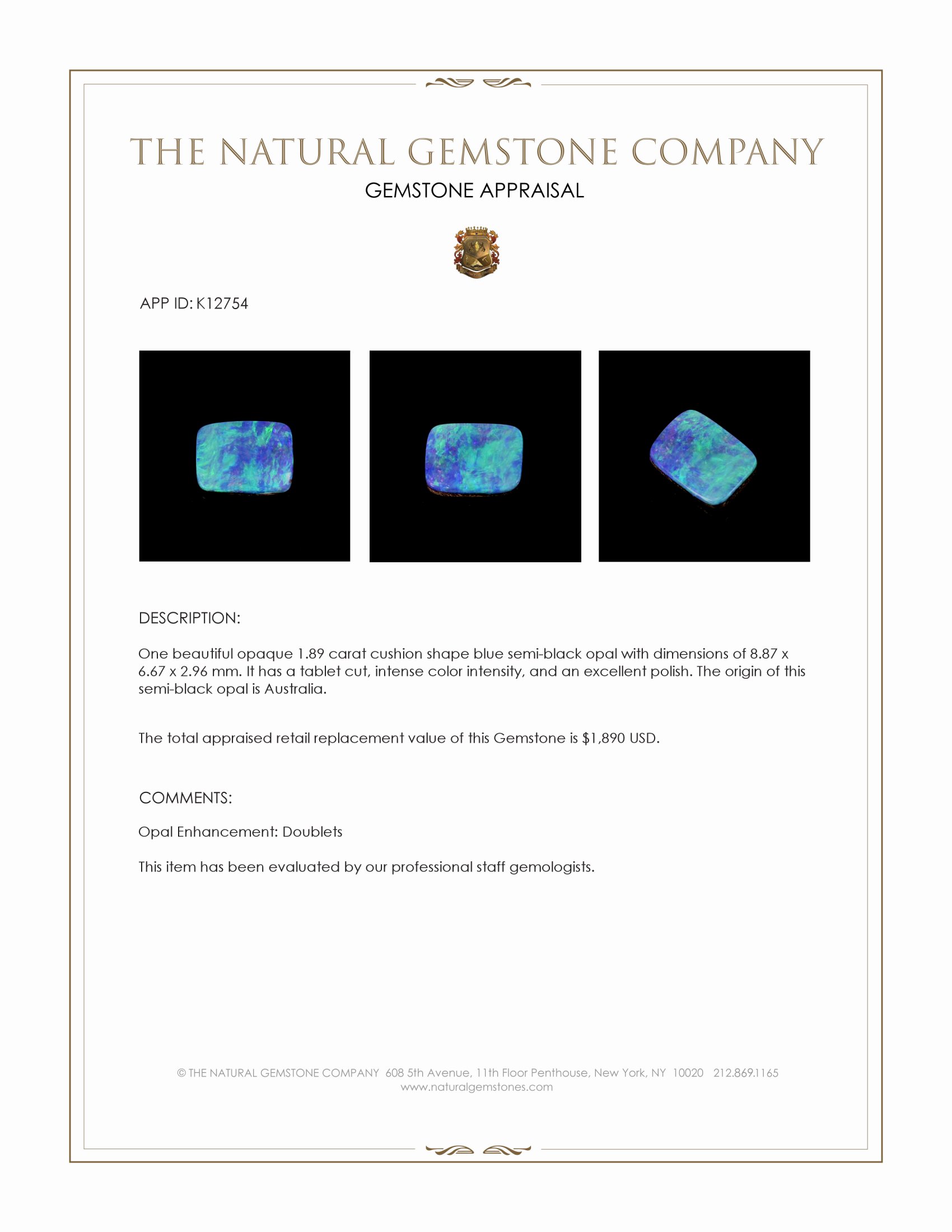 1.89 Ct. Blue Semi-Black Opal from Australia