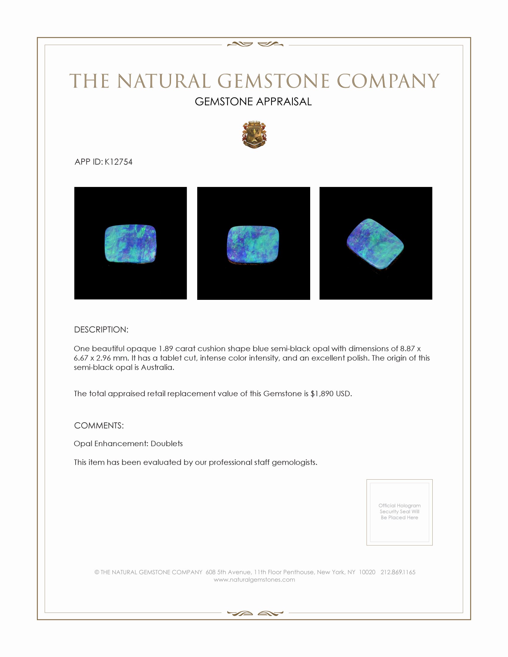 1.89 Ct. Semi-Black Opal from Australia