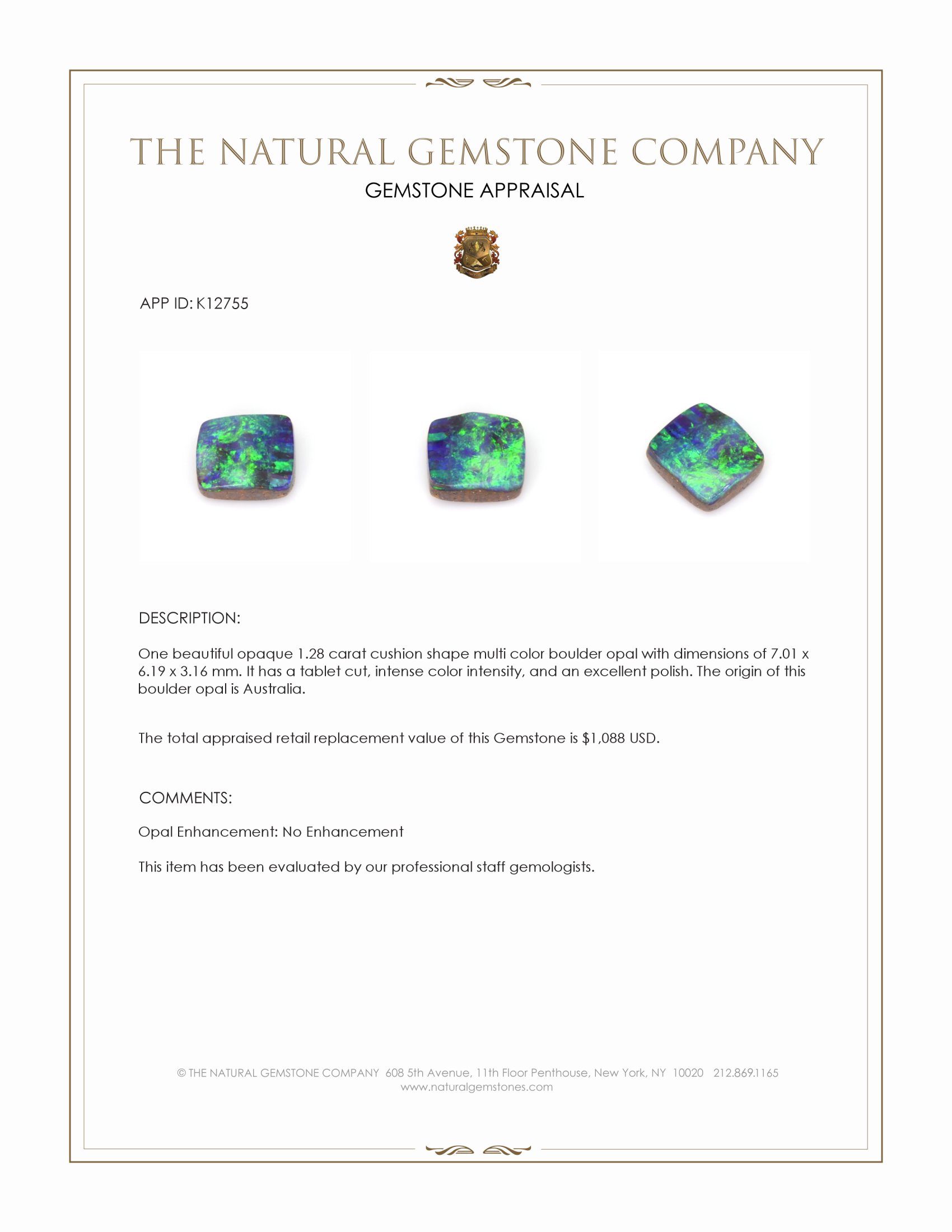 1.28 Ct. Multi Color Boulder Opal (Ironstone Opal) from Australia