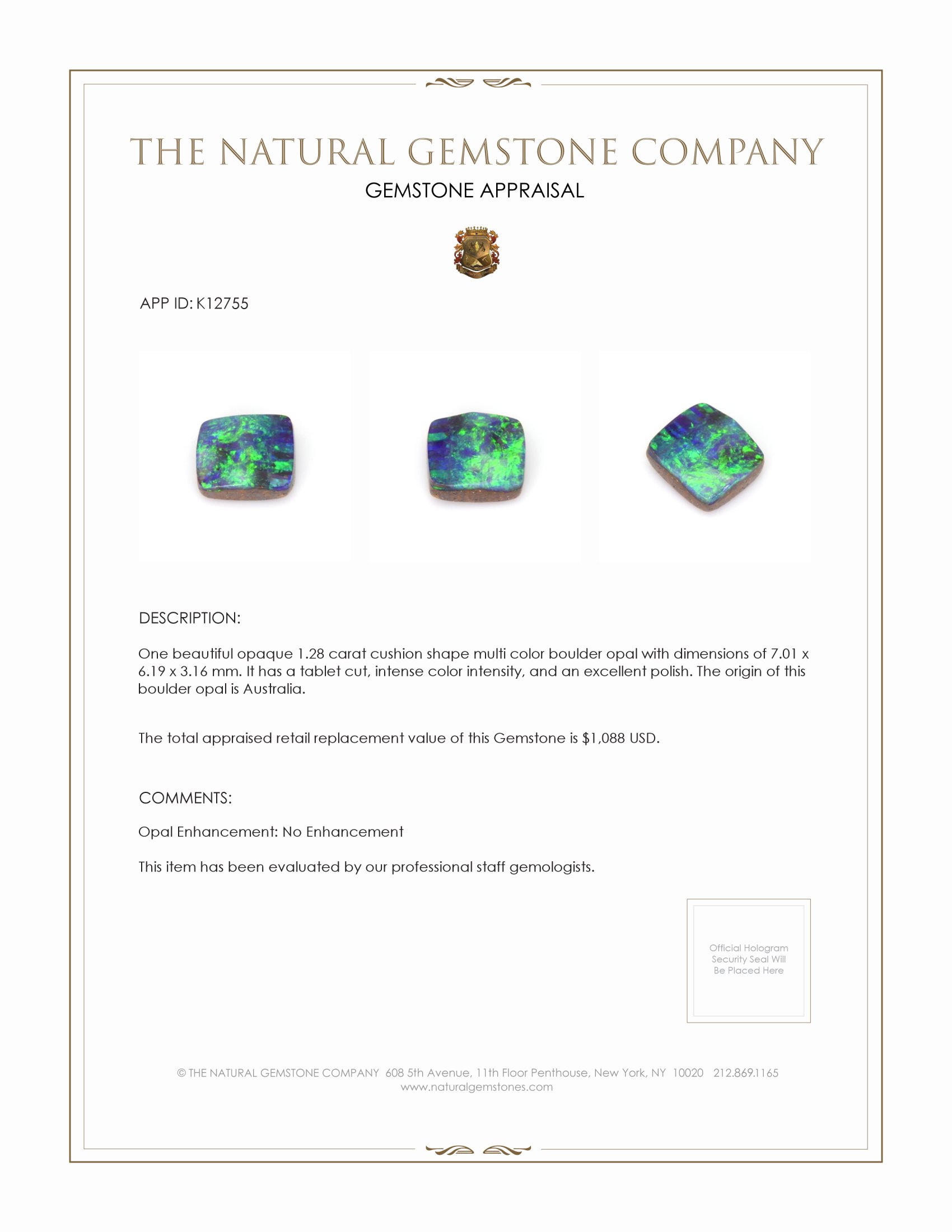 1.28 Ct. Boulder Opal from Australia