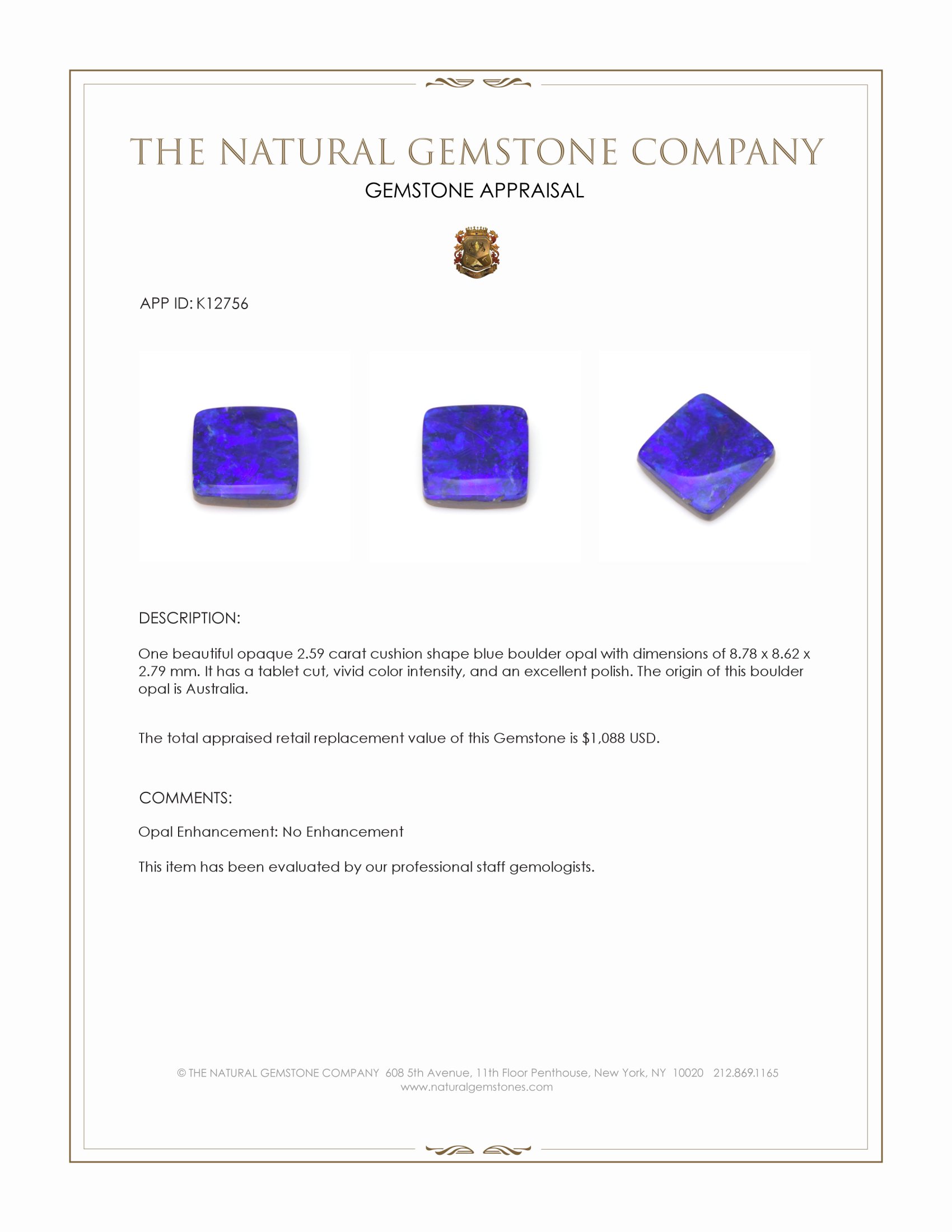 2.59 Ct. Blue Boulder Opal from Australia