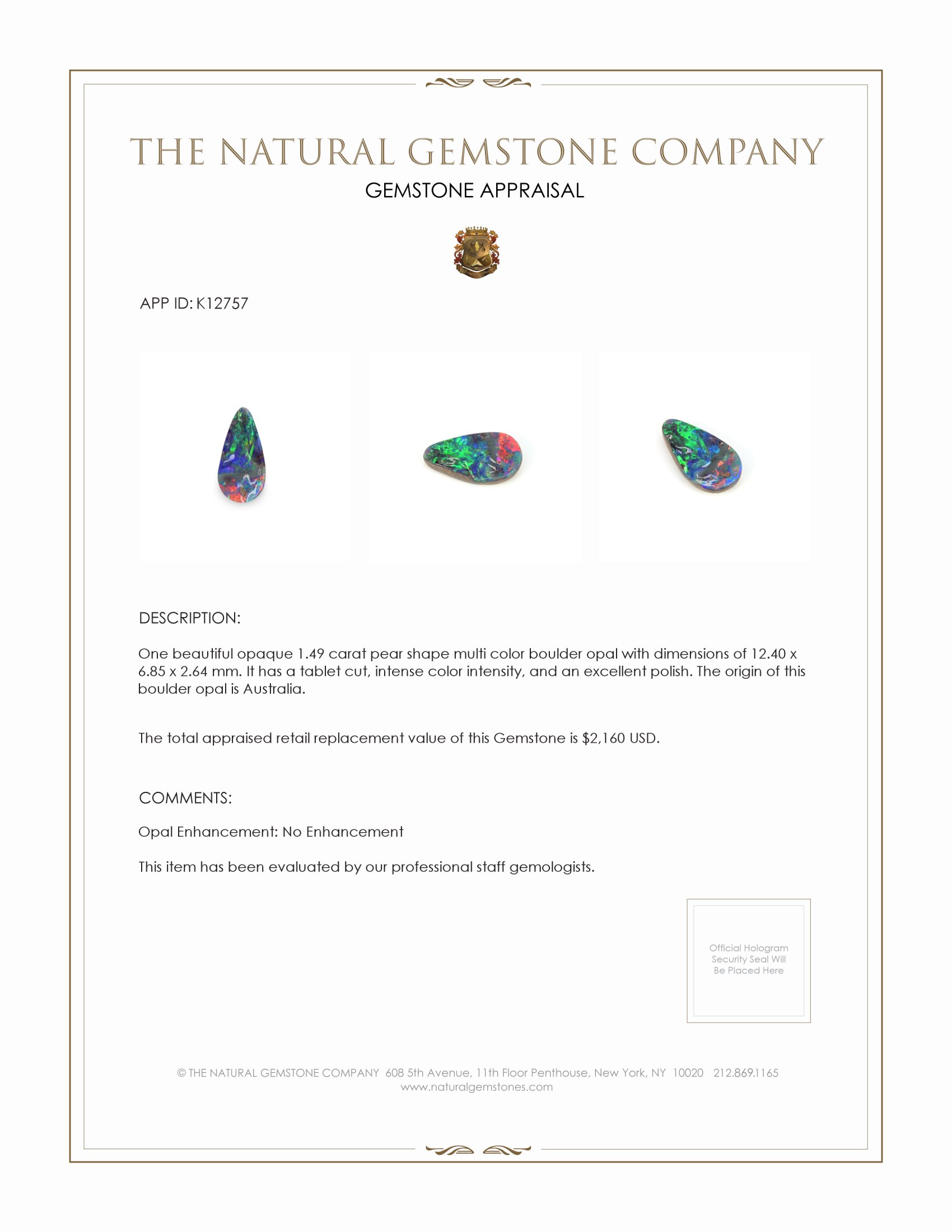 1.49 Ct. Boulder Opal from Australia