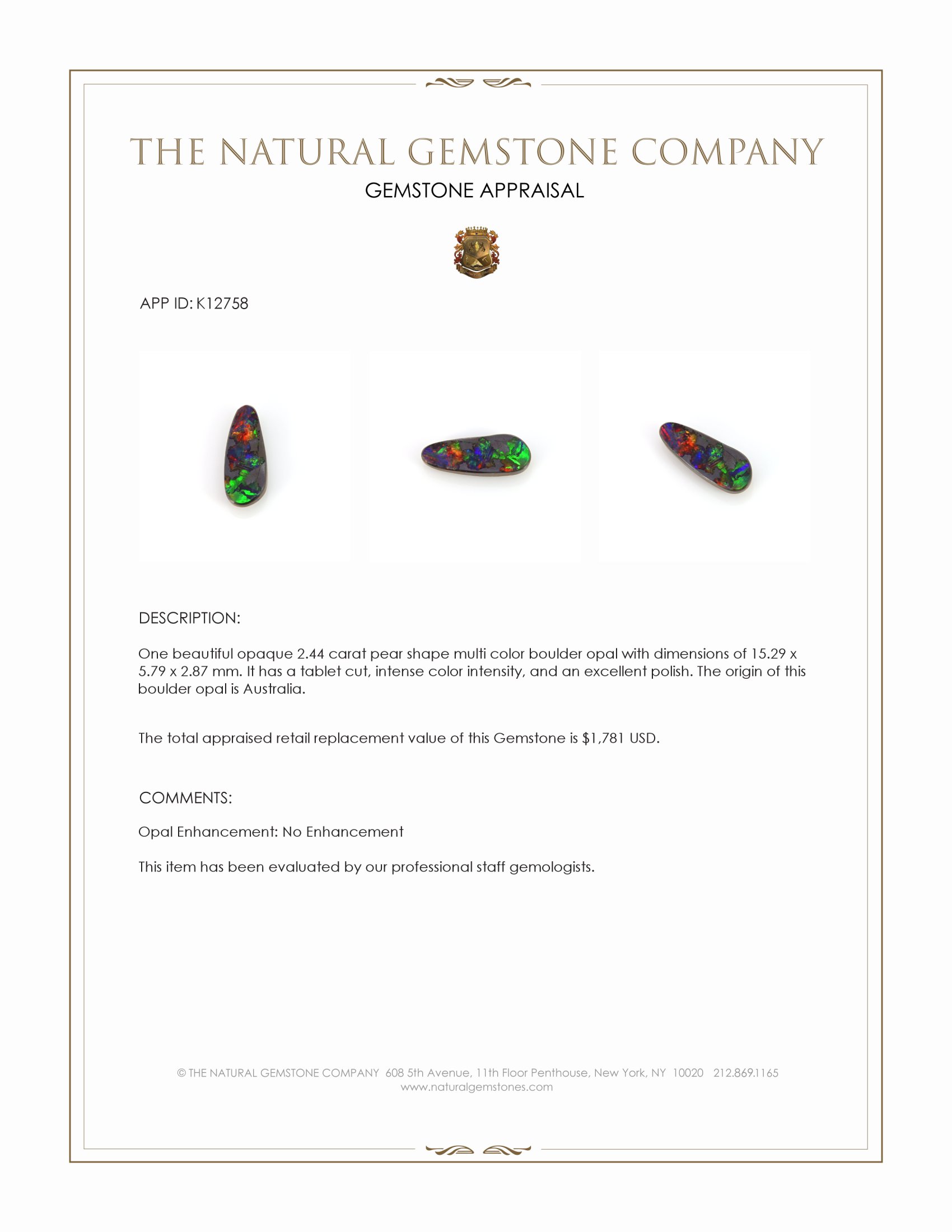 2.44 Ct. Multi Color Boulder Opal from Australia