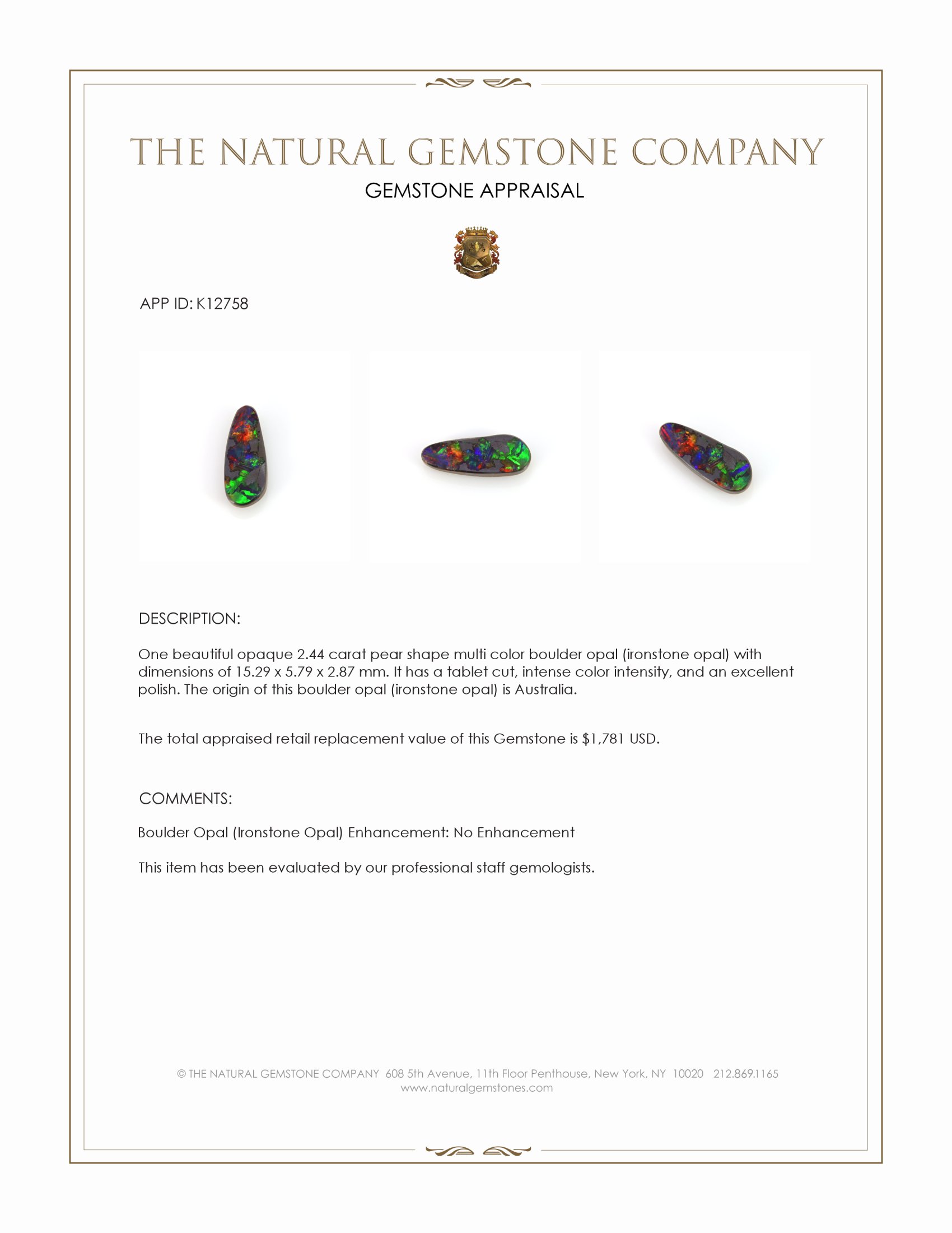 2.44 Ct. Multi Color Boulder Opal (Ironstone Opal) from Australia
