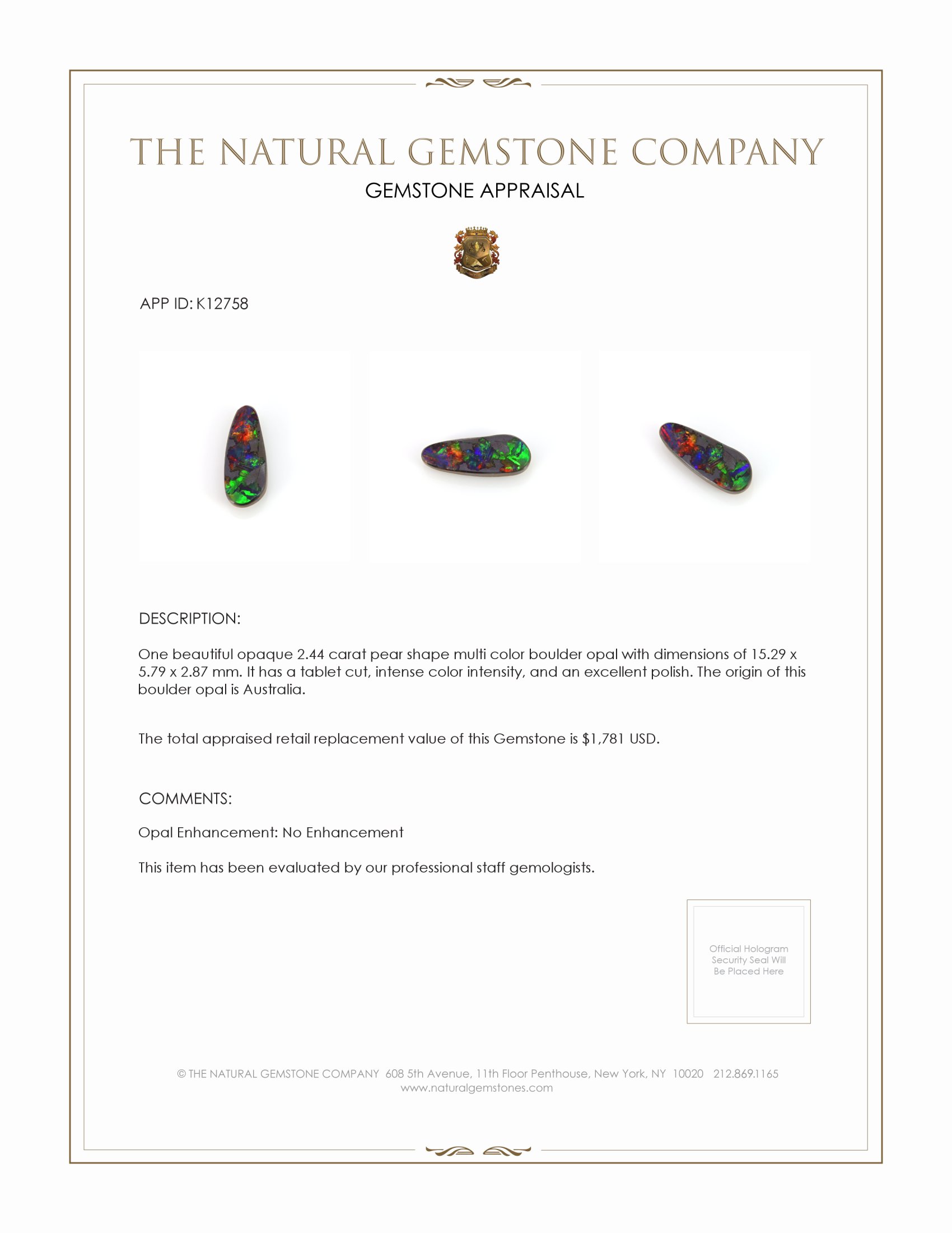 2.44 Ct. Boulder Opal from Australia