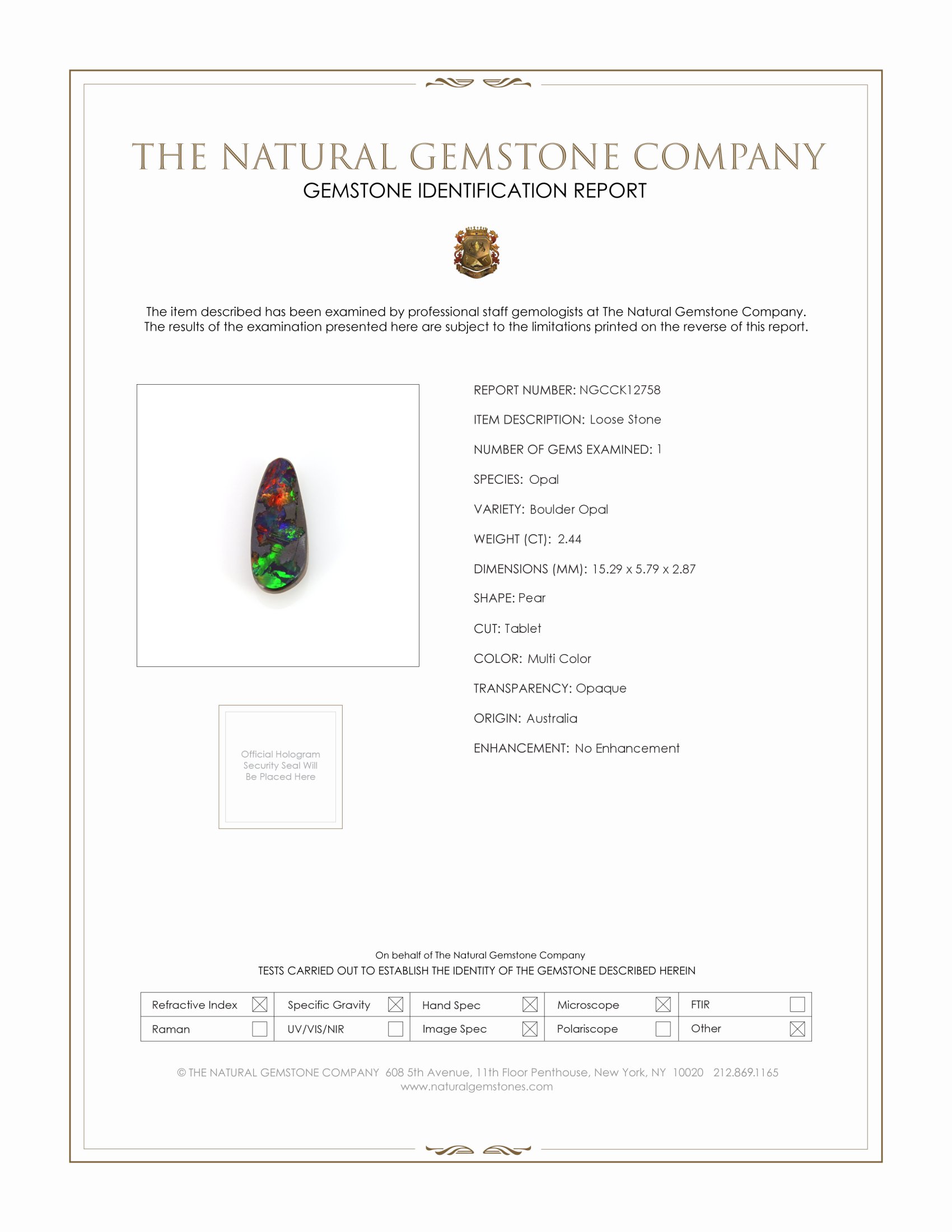 2.44 Ct. Multi Color Boulder Opal from Australia
