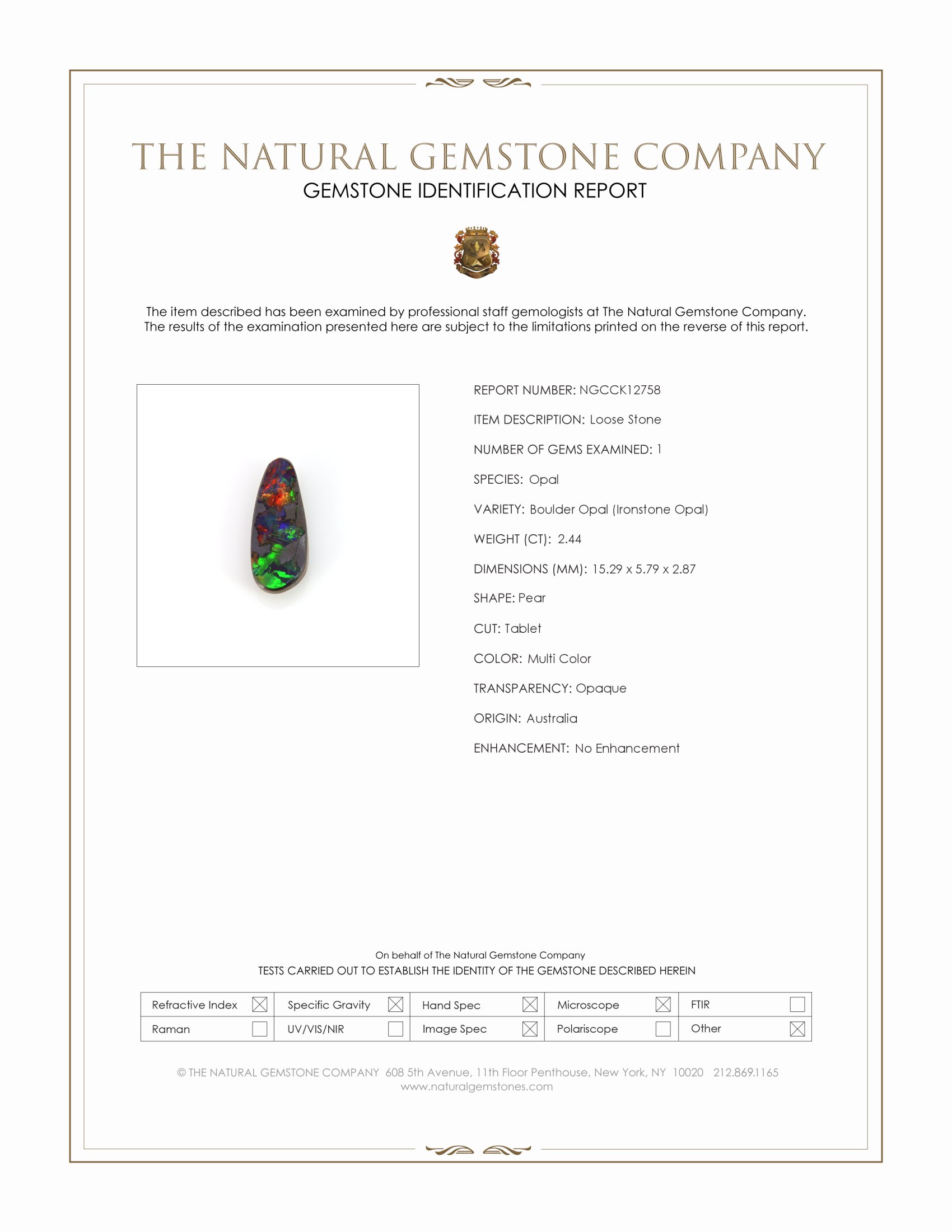 2.44 Ct. Multi Color Boulder Opal (Ironstone Opal) from Australia