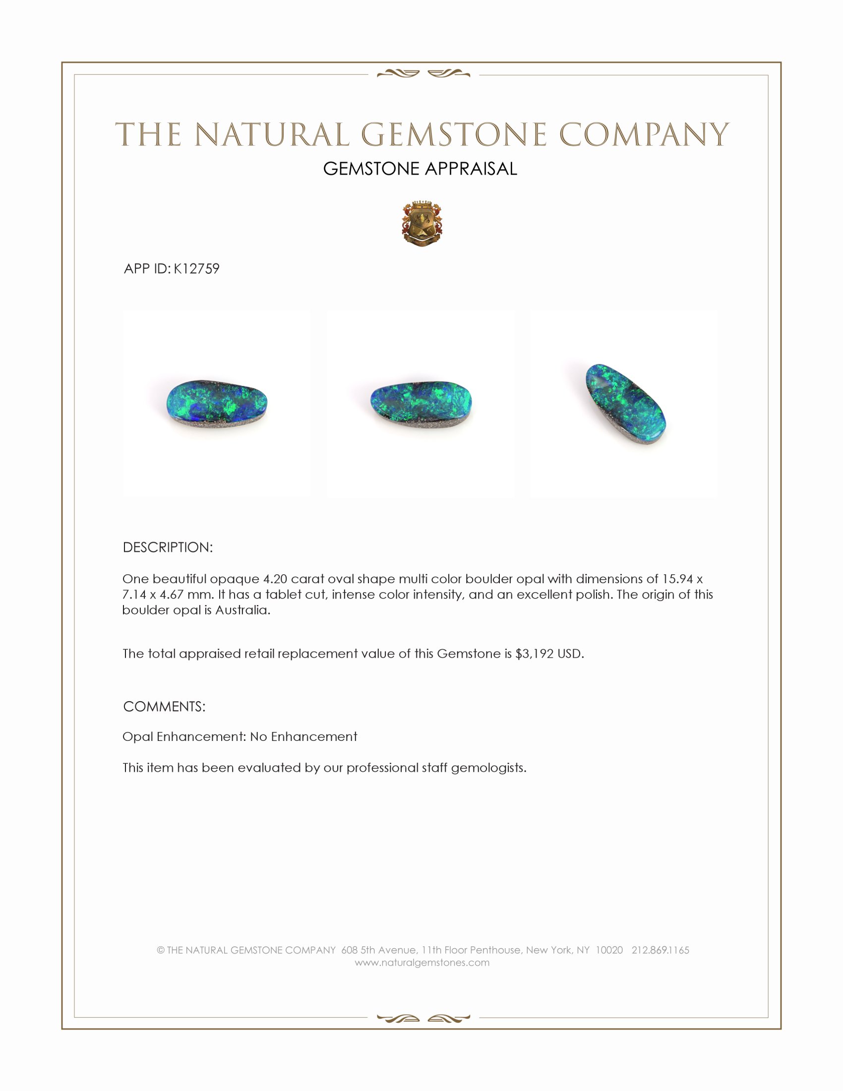 4.20 Ct. Multi Color Boulder Opal from Australia