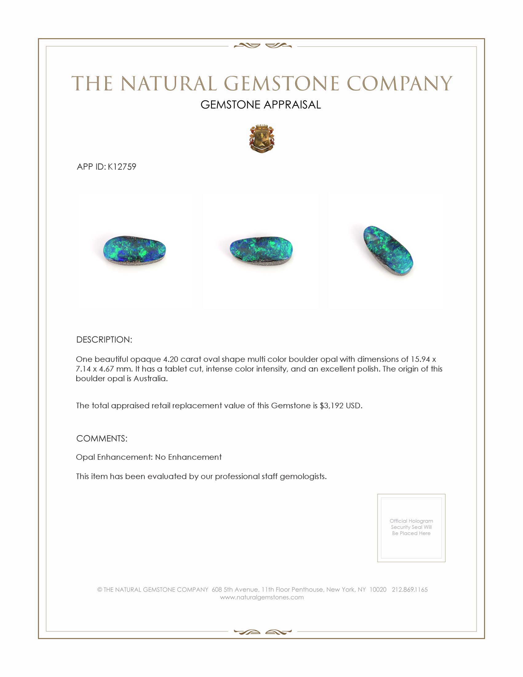 4.20 Ct. Boulder Opal from Australia