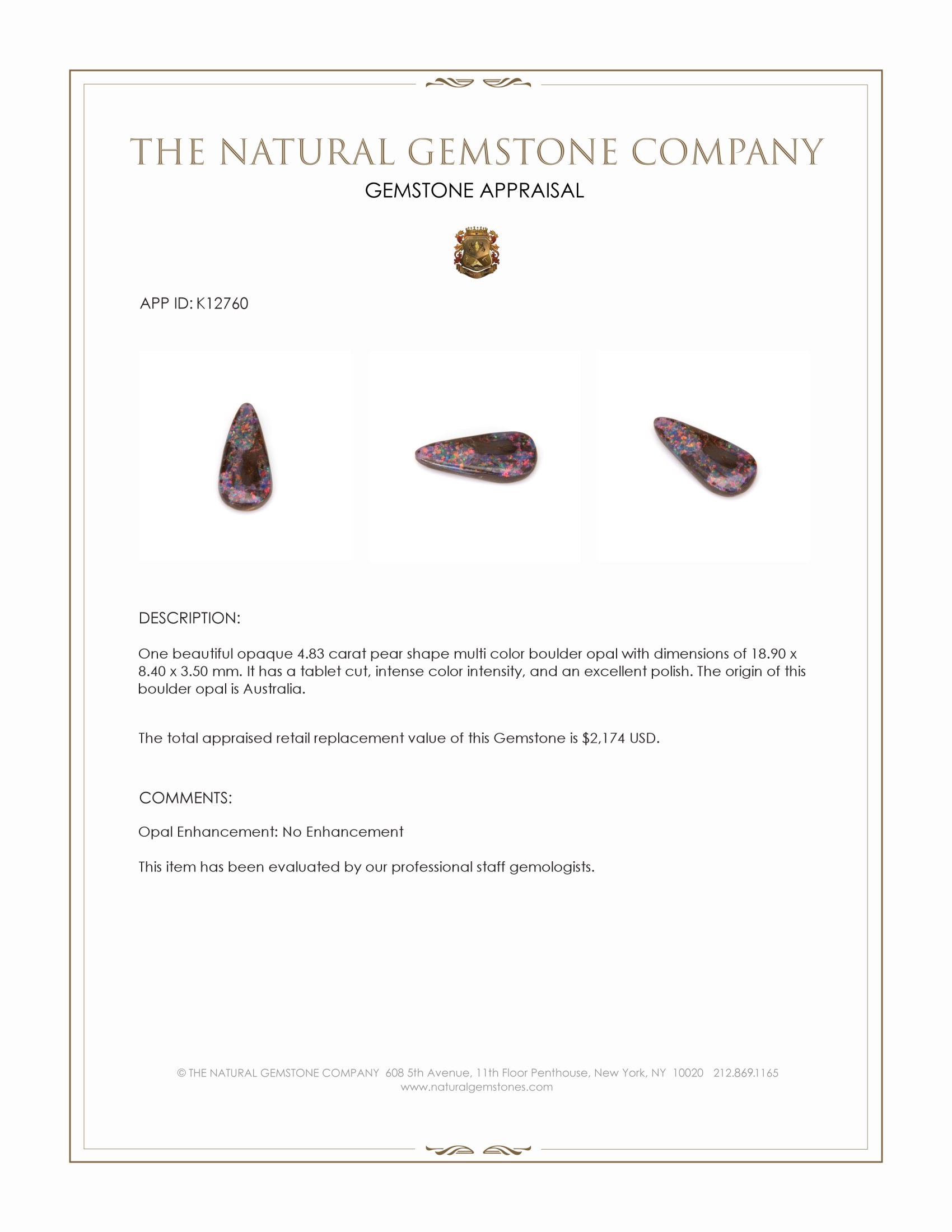 4.83 Ct. Multi Color Boulder Opal from Australia