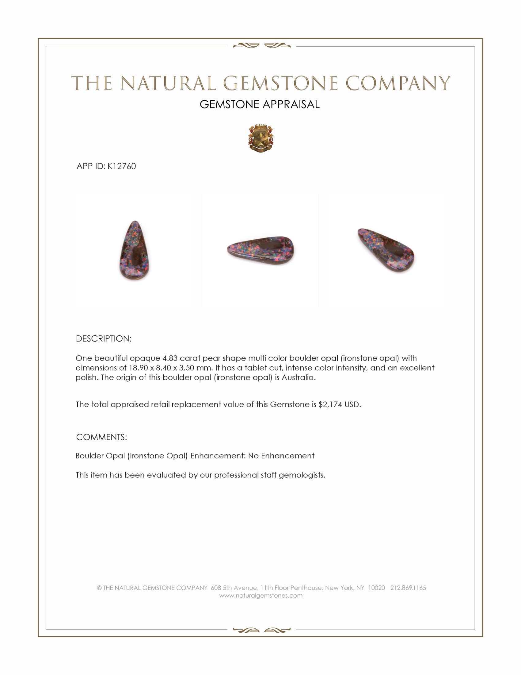4.83 Ct. Multi Color Boulder Opal (Ironstone Opal) from Australia