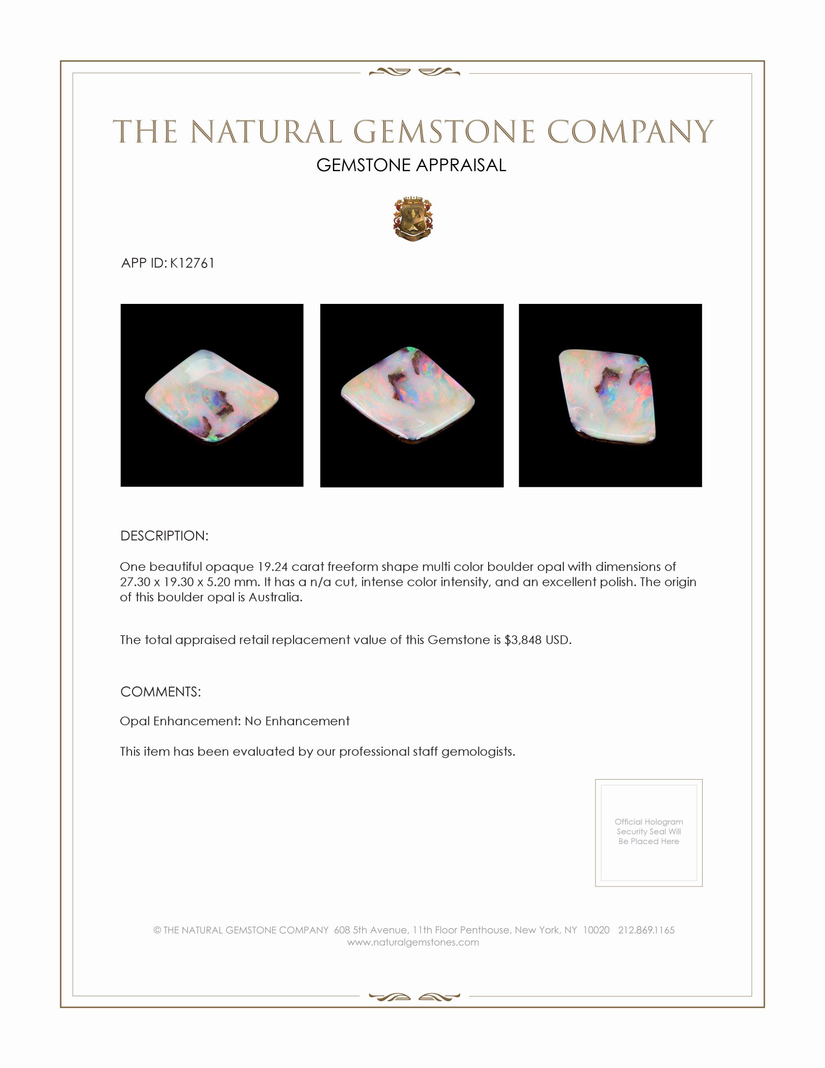 19.24 Ct. Boulder Opal from Australia