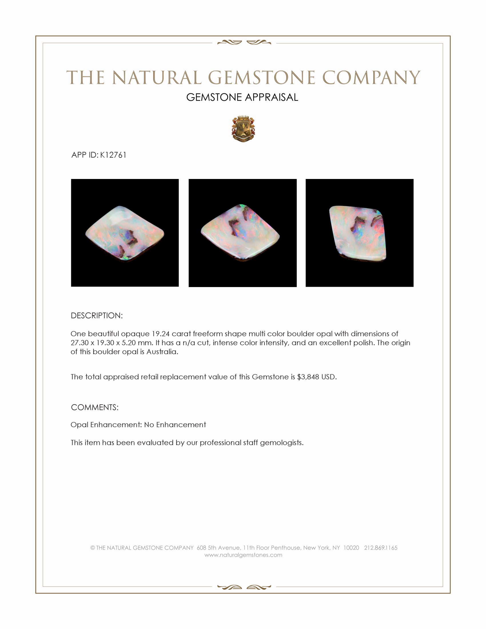 19.24 Ct. Multi Color Boulder Opal from Australia