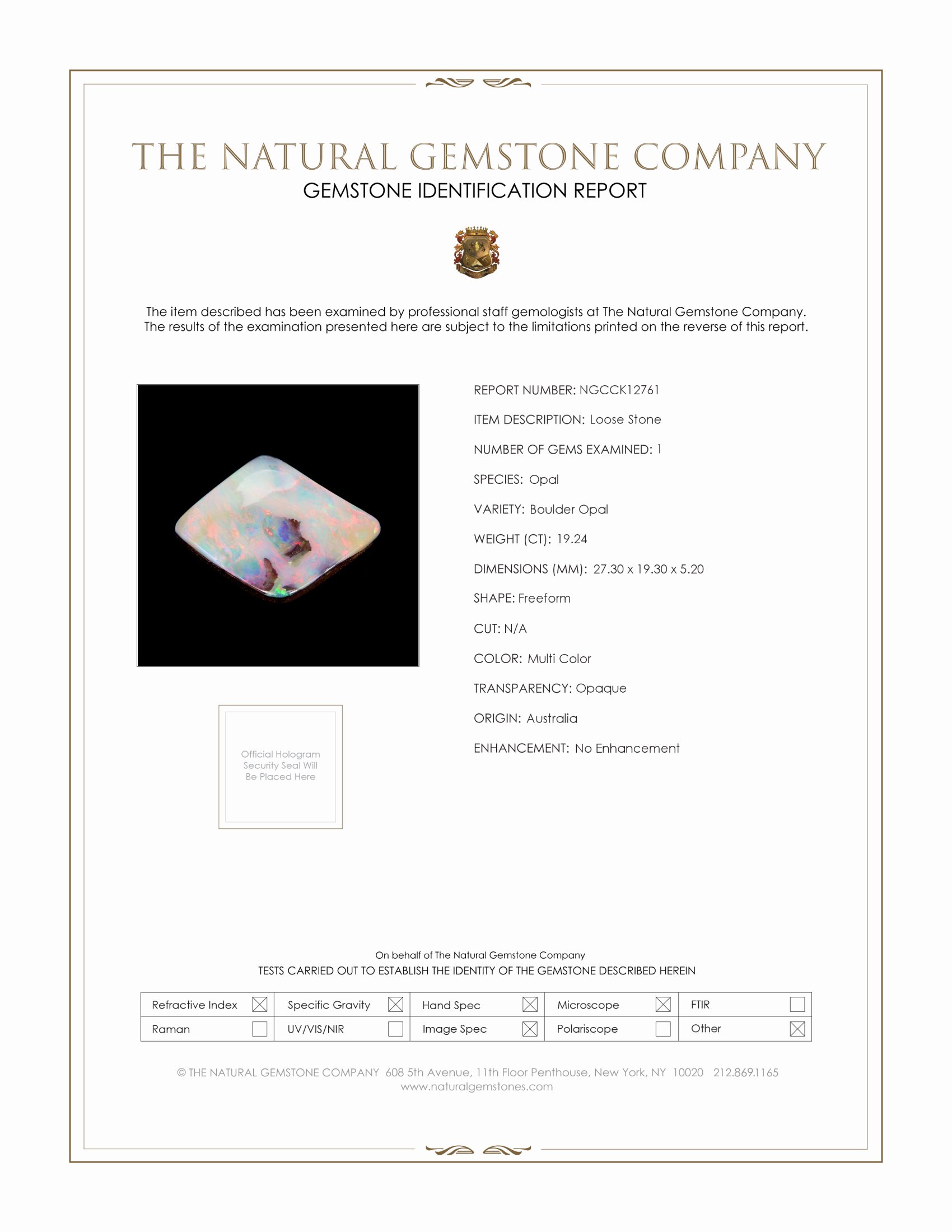 19.24 Ct. Multi Color Boulder Opal from Australia