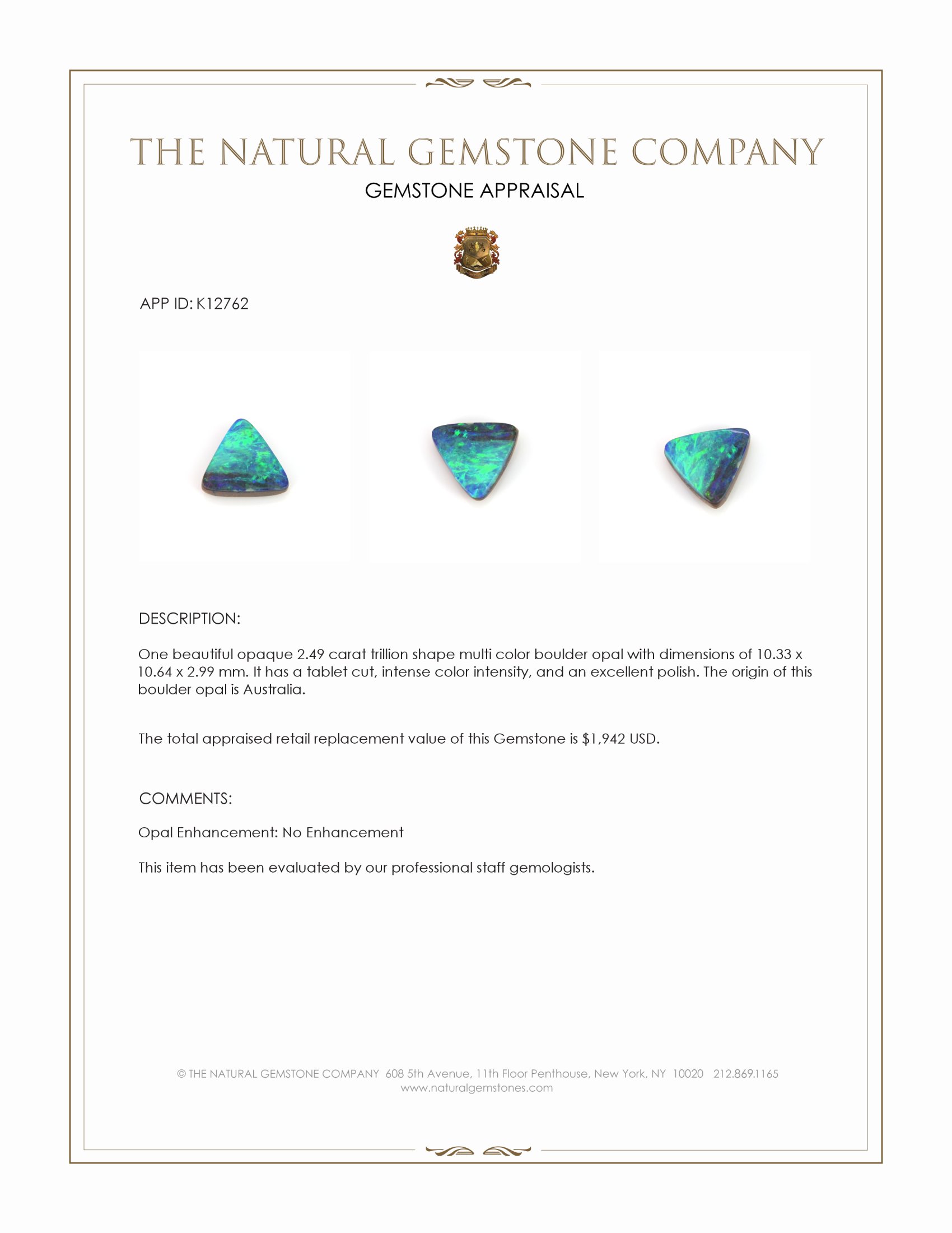 2.49 Ct. Multi Color Boulder Opal from Australia