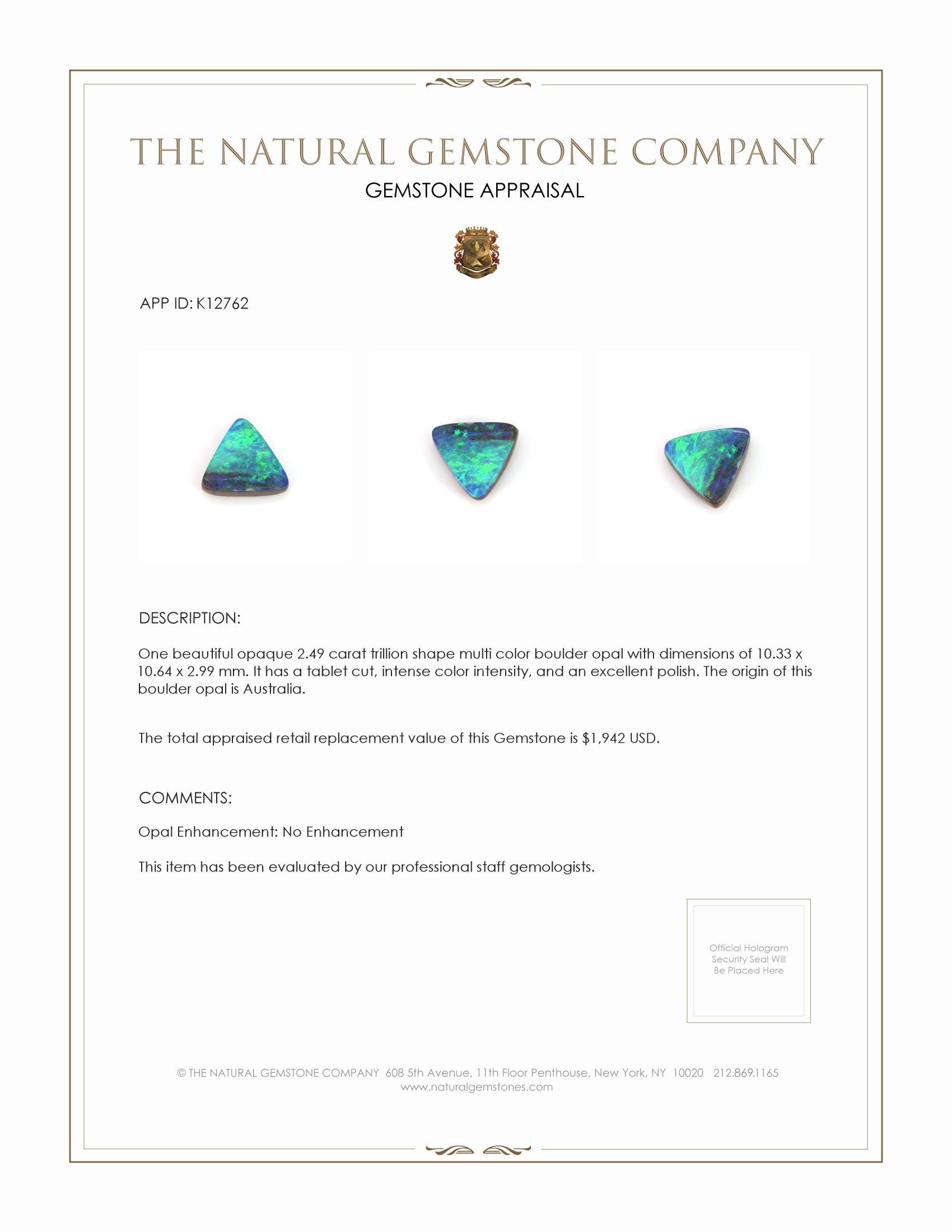 2.49 Ct. Boulder Opal from Australia