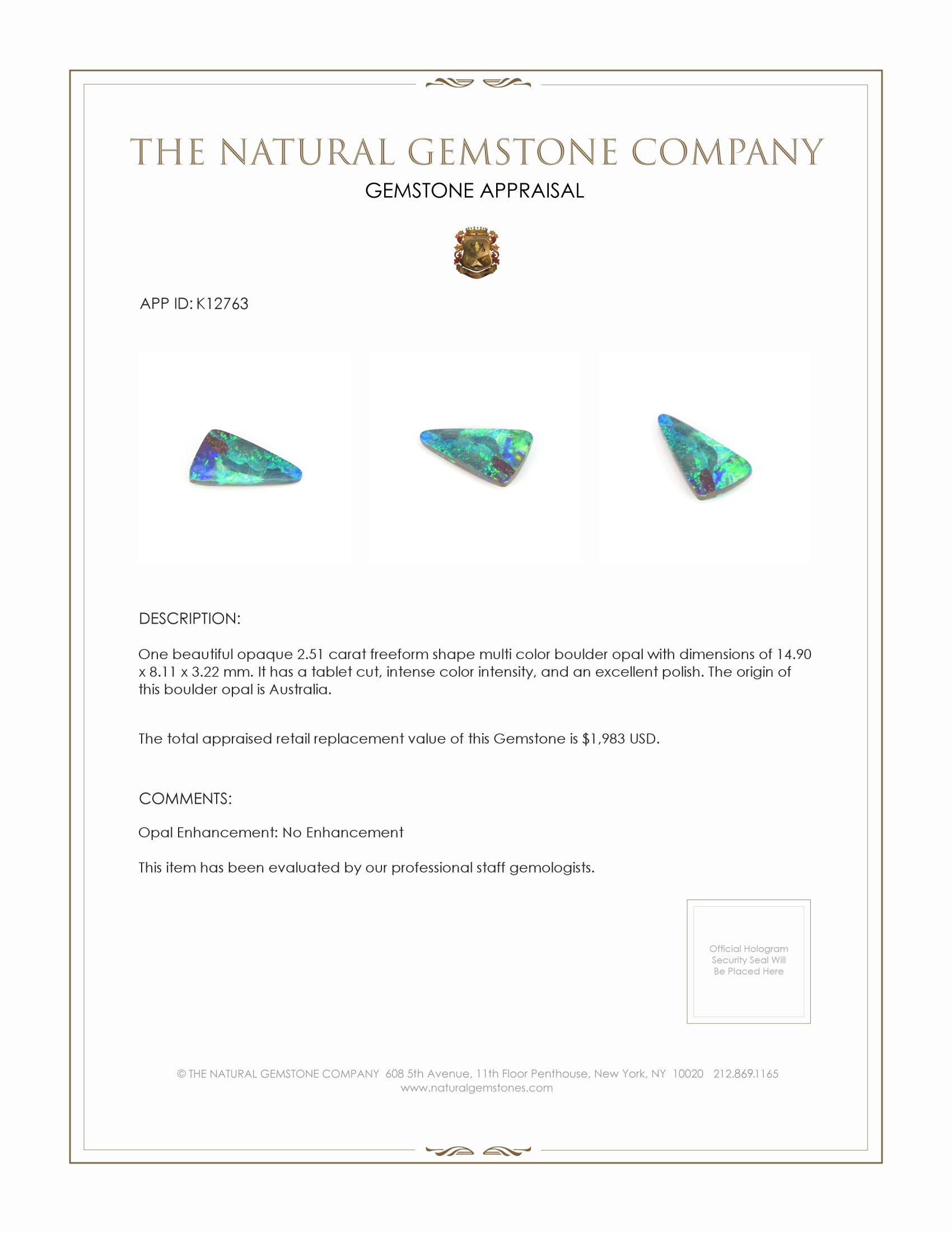 2.51 Ct. Multi Color Boulder Opal from Australia