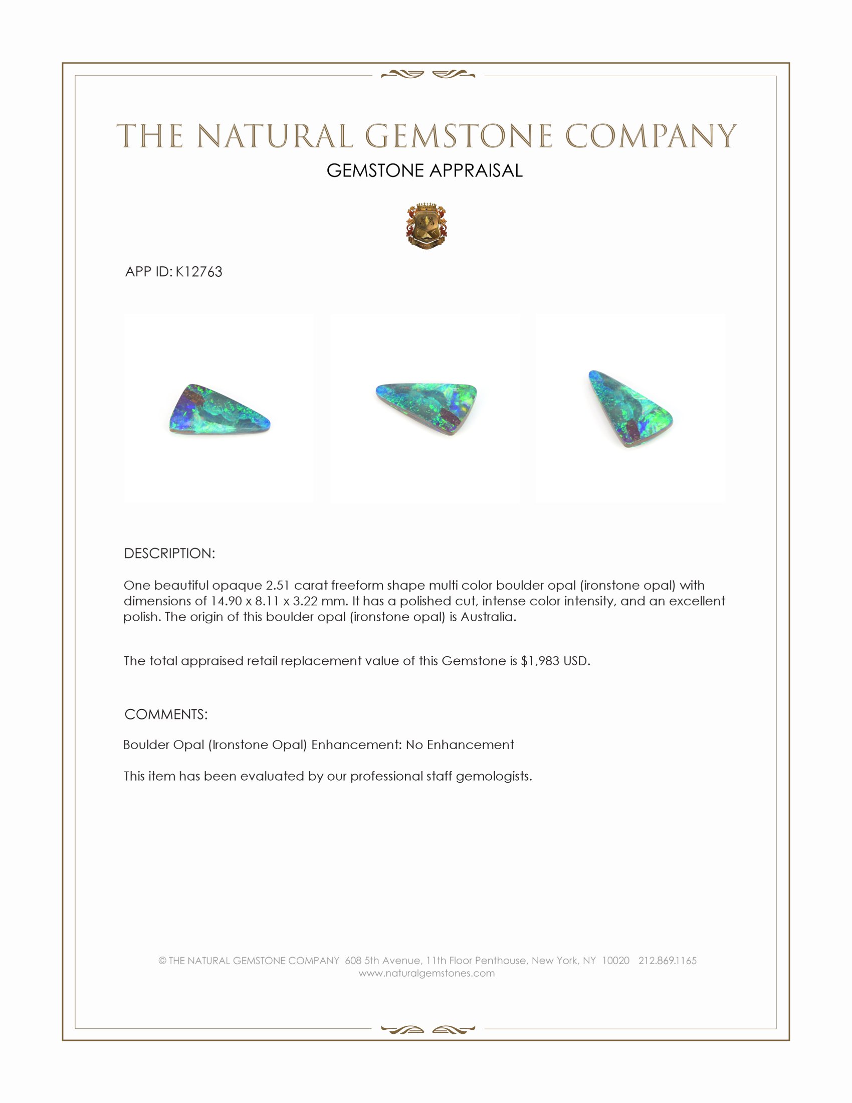 2.51 Ct. Multi Color Boulder Opal (Ironstone Opal) from Australia