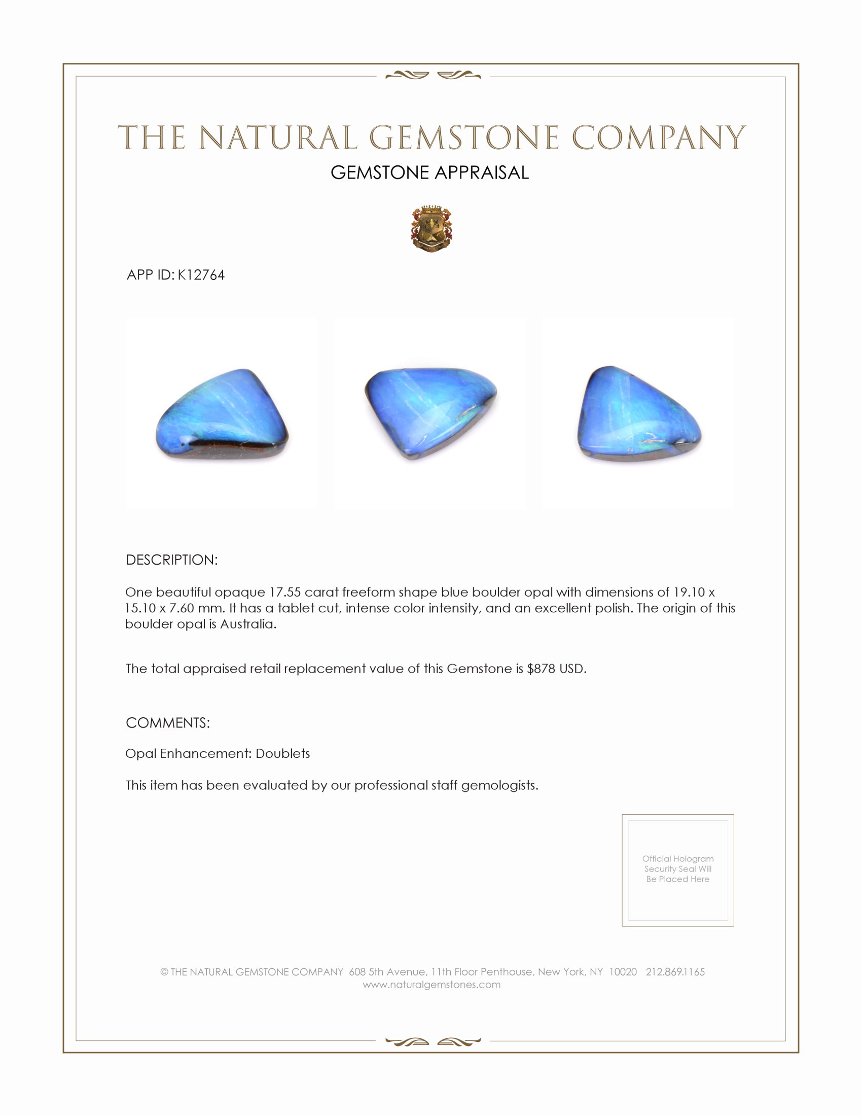 17.55 Ct. Blue Boulder Opal (Ironstone Opal) from Australia