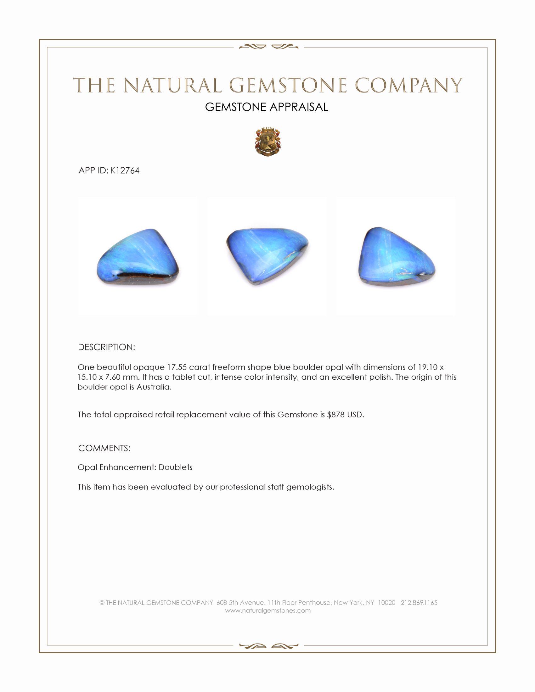 17.55 Ct. Blue Boulder Opal from Australia