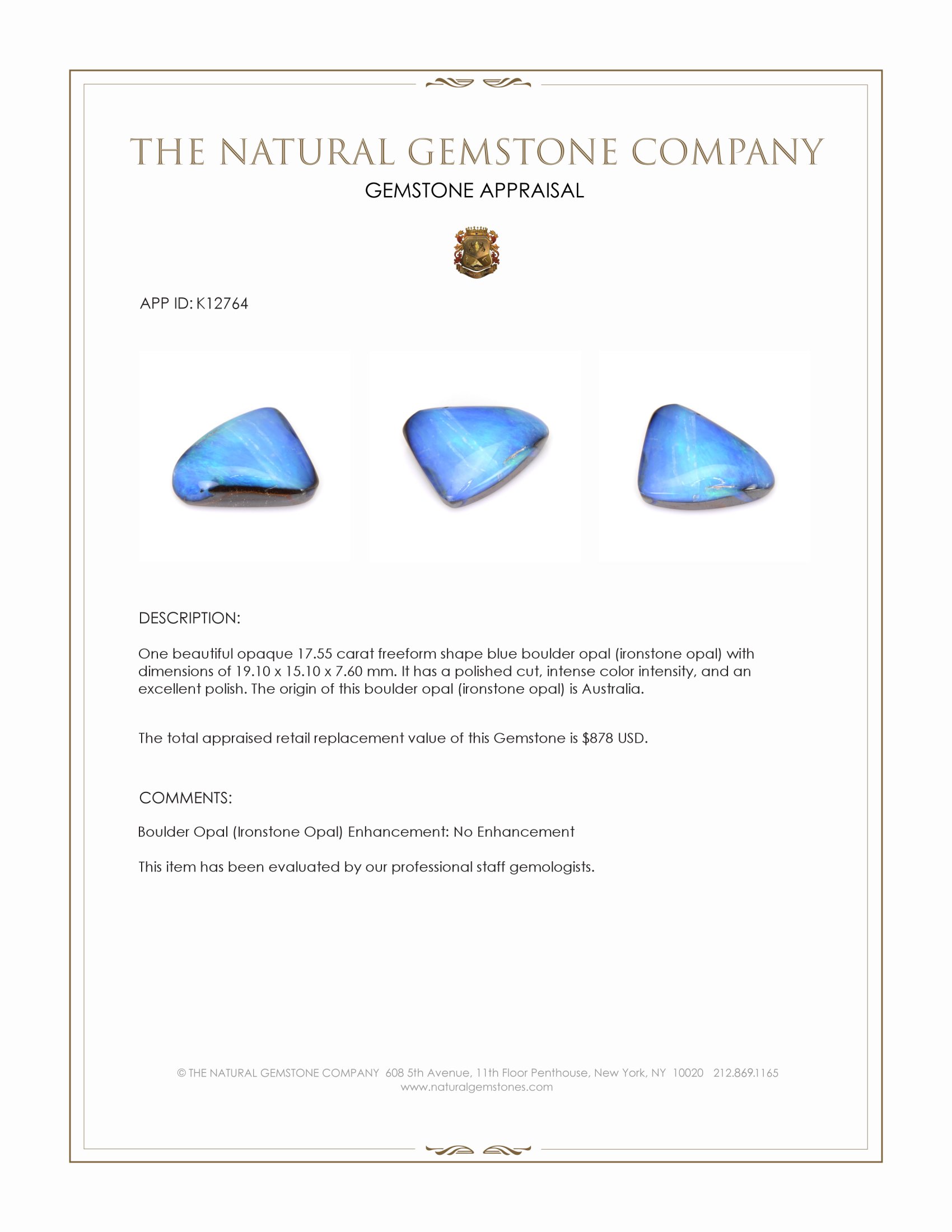 17.55 Ct. Blue Boulder Opal (Ironstone Opal) from Australia