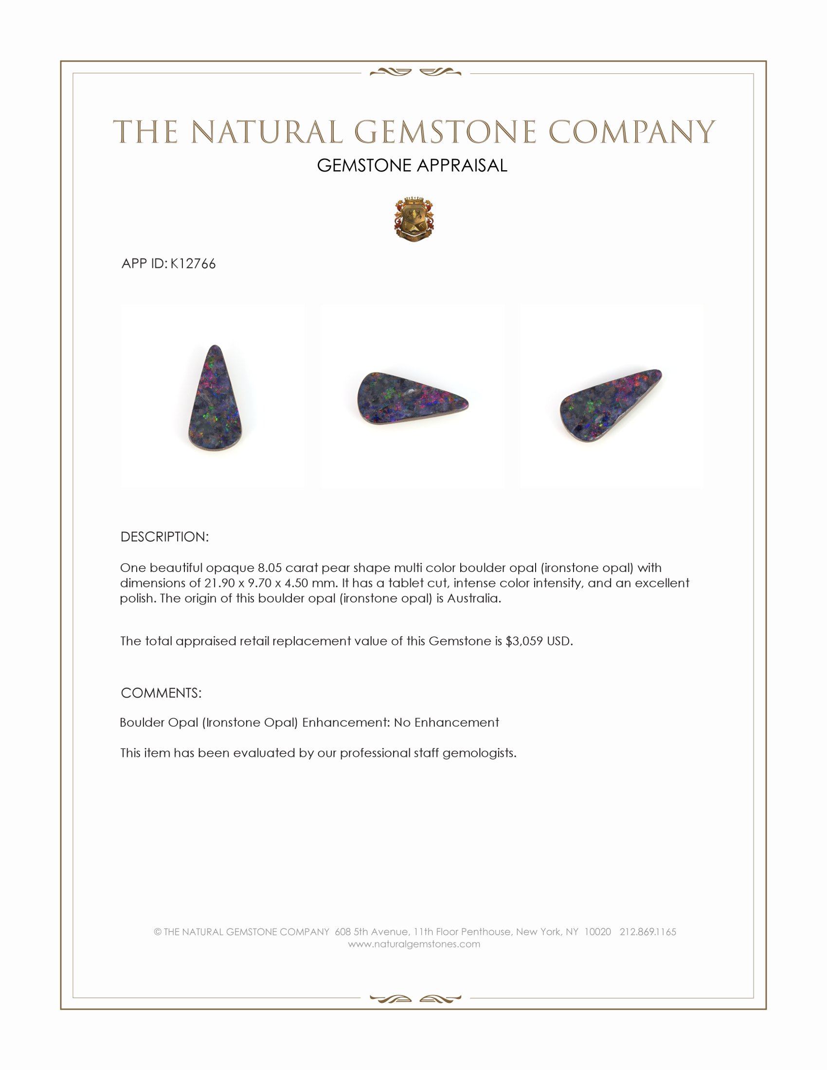 8.05 Ct. Multi Color Boulder Opal (Ironstone Opal) from Australia