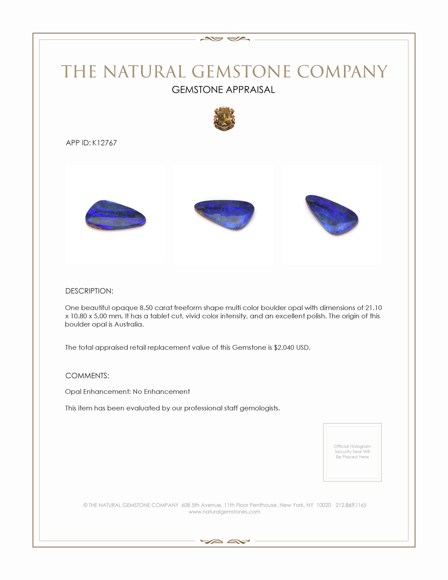 8.50 Ct. Multi Color Boulder Opal from Australia